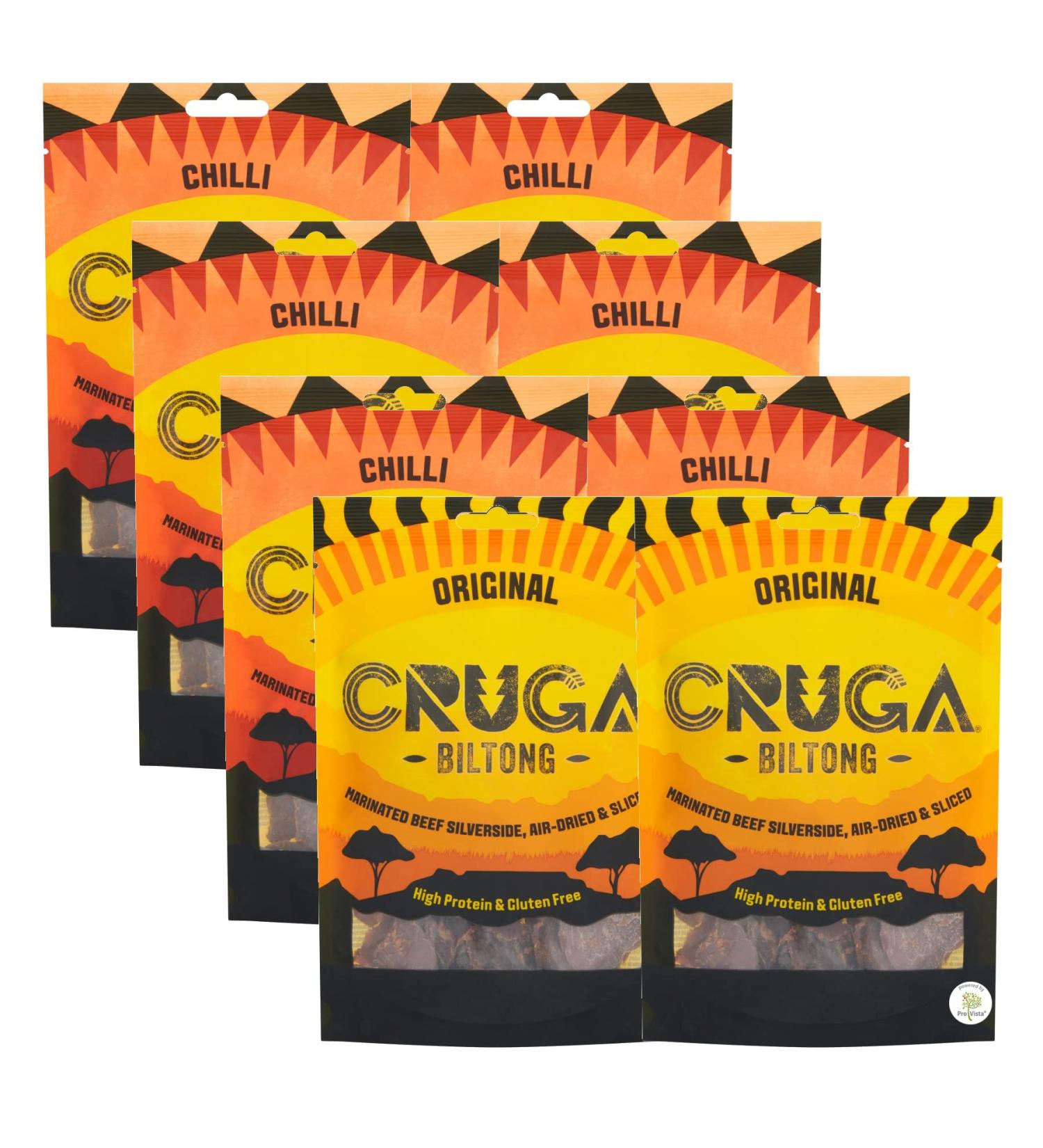 Buy CRUGA Biltong Original & Chilli - High Protein Dried Meat Jerky Beef Gluten Free (8 x 60g) - International Shipping Available - Buy Online on GoSupps.com