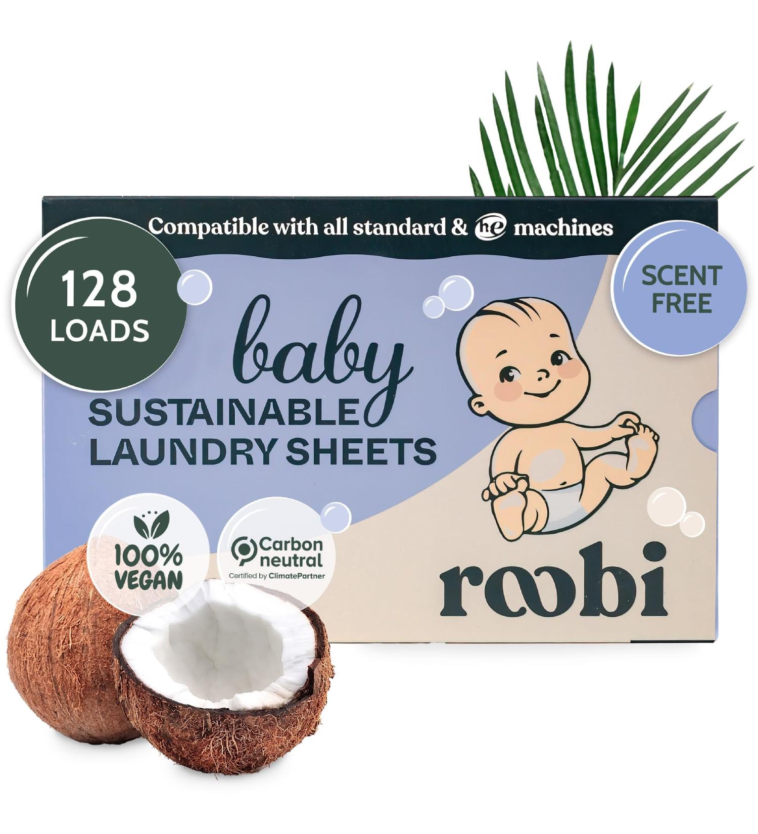 Roobi Unscented Baby Laundry Detergent Sheets | Sensitive Skin Formula | Eco-Friendly for Newborns & Toddlers | 128 Loads - Buy Online on GoSupps.com