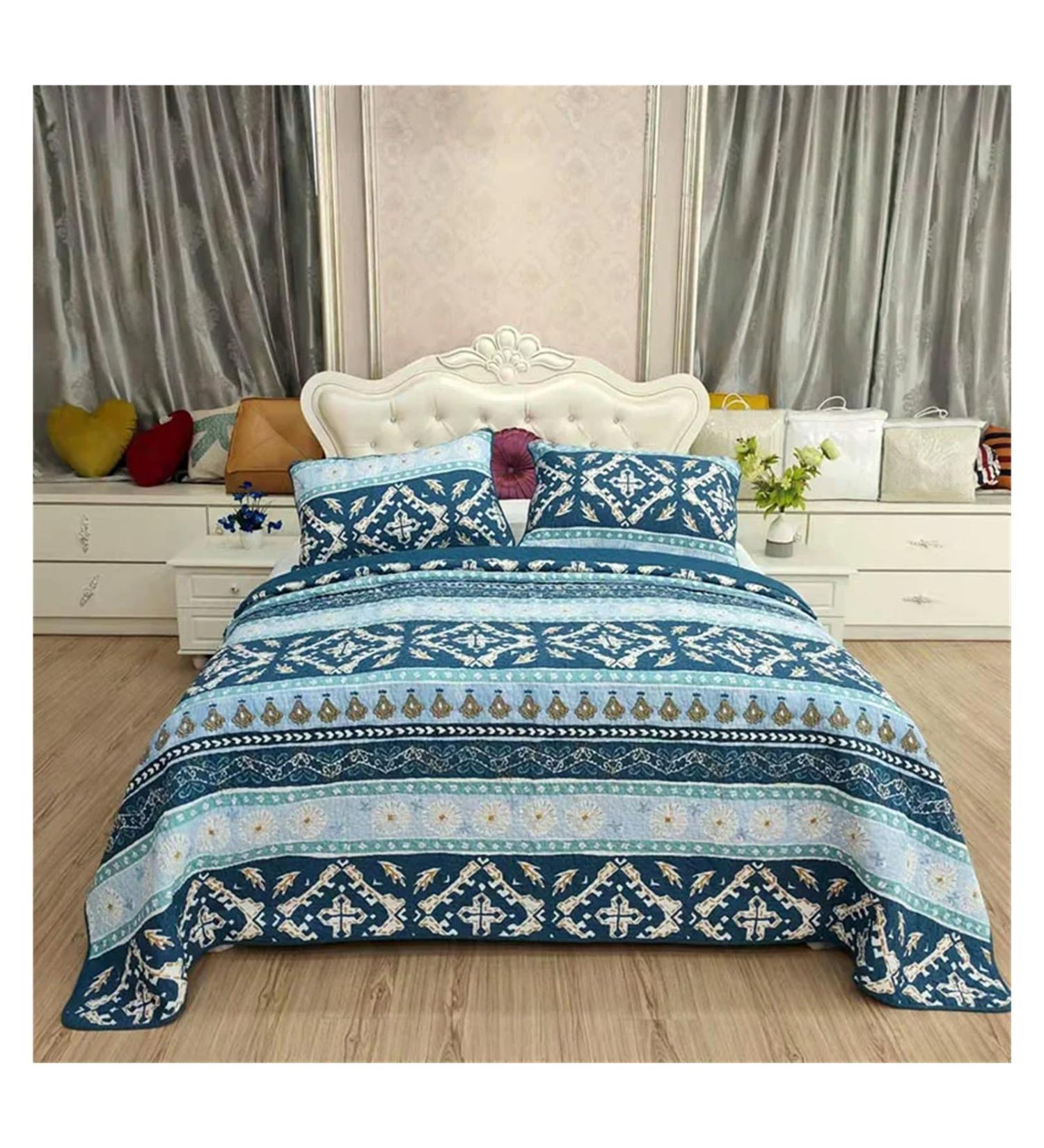Bohemia Cotton Quilt Set 3PCS Quilted Double Blanket on Bed King Queen Size Bedspread on The Bed Coverlet Sets Soft (Blue King) - Buy Online on GoSupps.com