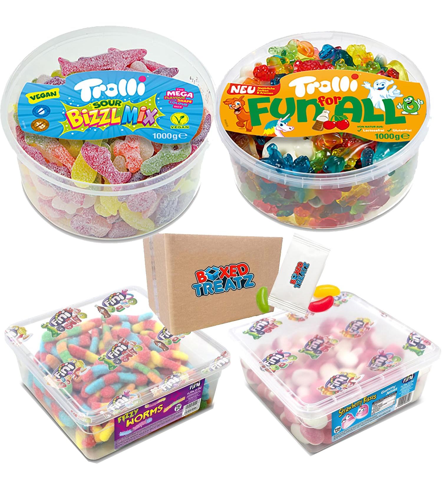 Fun for All Sweet Mix 1kg + Sour Bizzl Sweet Mix 1kg + Fizzy Worms 1kg + Strawberry Kisses 1kg Boxed Treatz - Buy Online on GoSupps.com