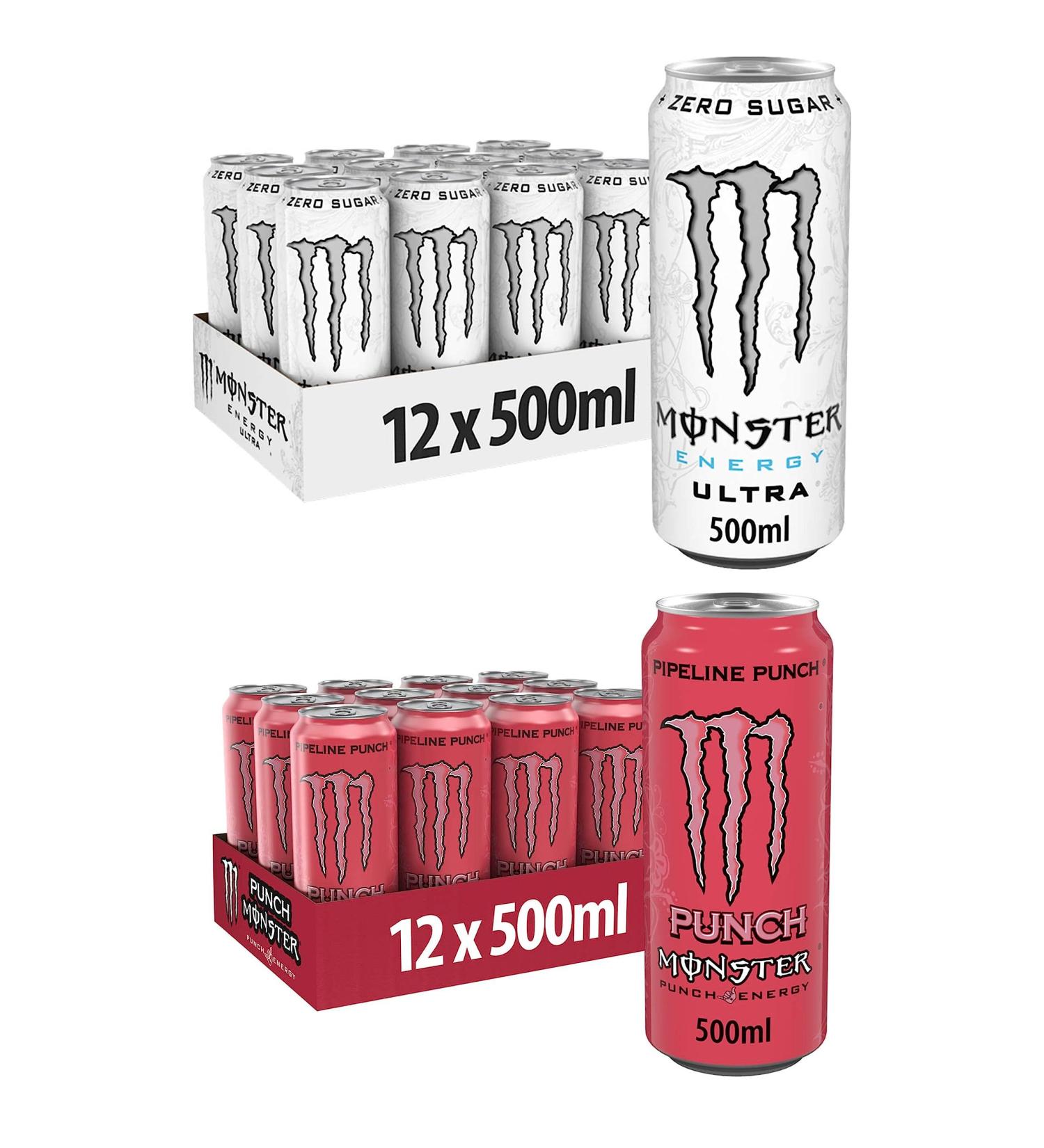 Monster Energy Drinks 12 Pack 500ml (12 Cans Ultra White & 12 Cans Pipeline Punch) - By Shop 4 Less