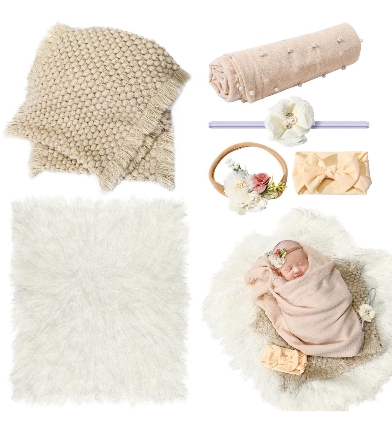 6 Pcs Newborn Photography Props Outfits - Long Ripple Wraps & Swaddle Blankets for Boys and Girls | Infant Posing Props 0-6 Months (White) - Buy Online on GoSupps.com