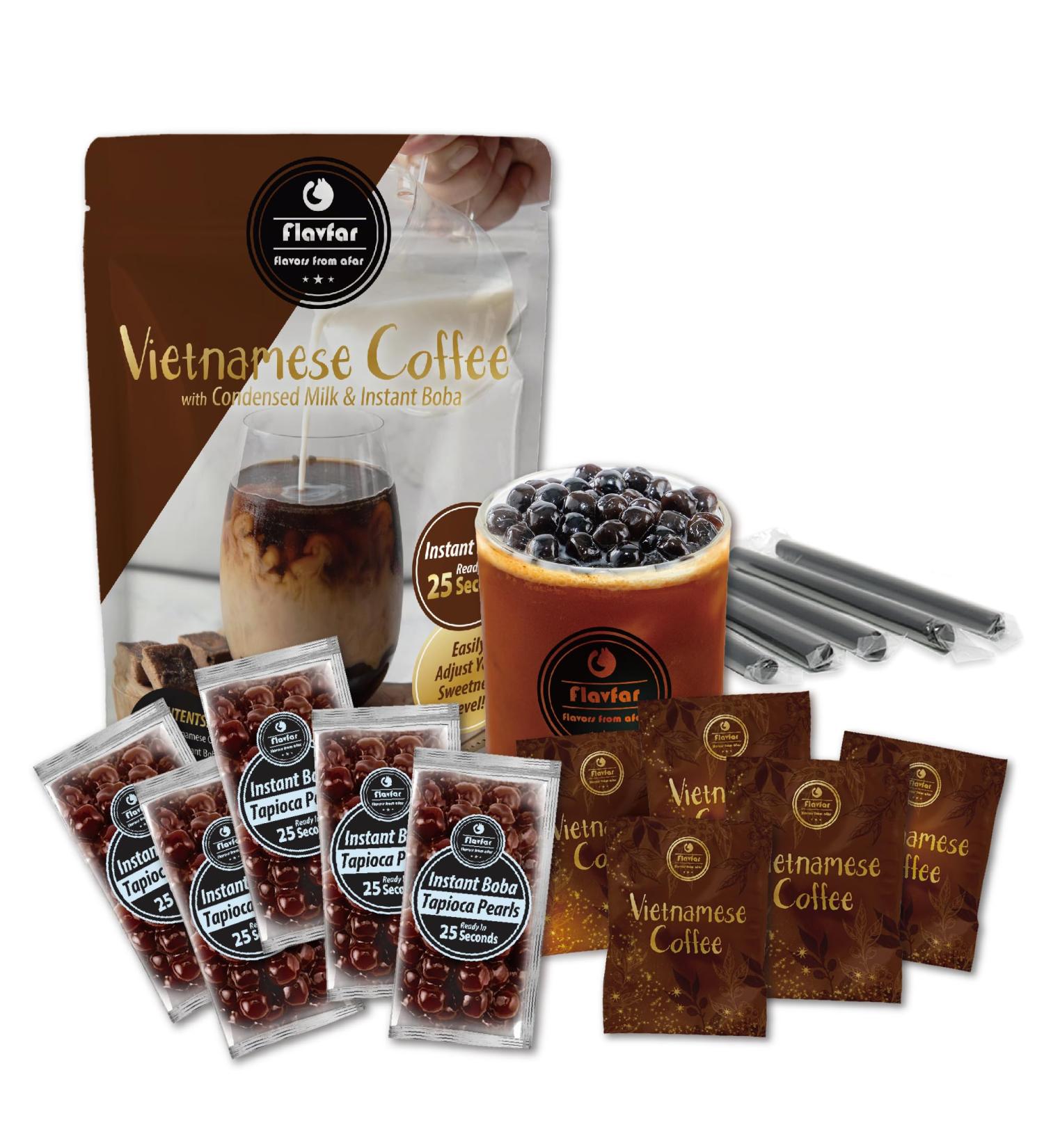 Flavfar Premium Instant Vietnamese Coffee Boba Kit with Chewy Tapioca Pearls - Ready in 25 Seconds - Ultimate Bubble Tea Experience with Boba Straws - Gift for Bubble Tea Lovers - 5 Servings - Buy Online on GoSupps.com