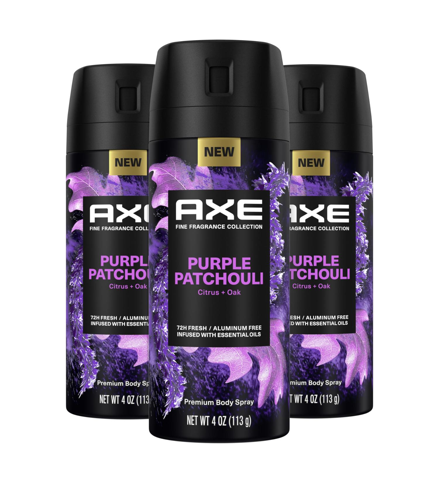 AXE Fine Fragrance Collection Premium Body Spray Purple Patchouli with Citrus + Oak Essential Oils 3 Count with 72H Odor Protection Aluminum-Free 4 oz - Buy Online on GoSupps.com