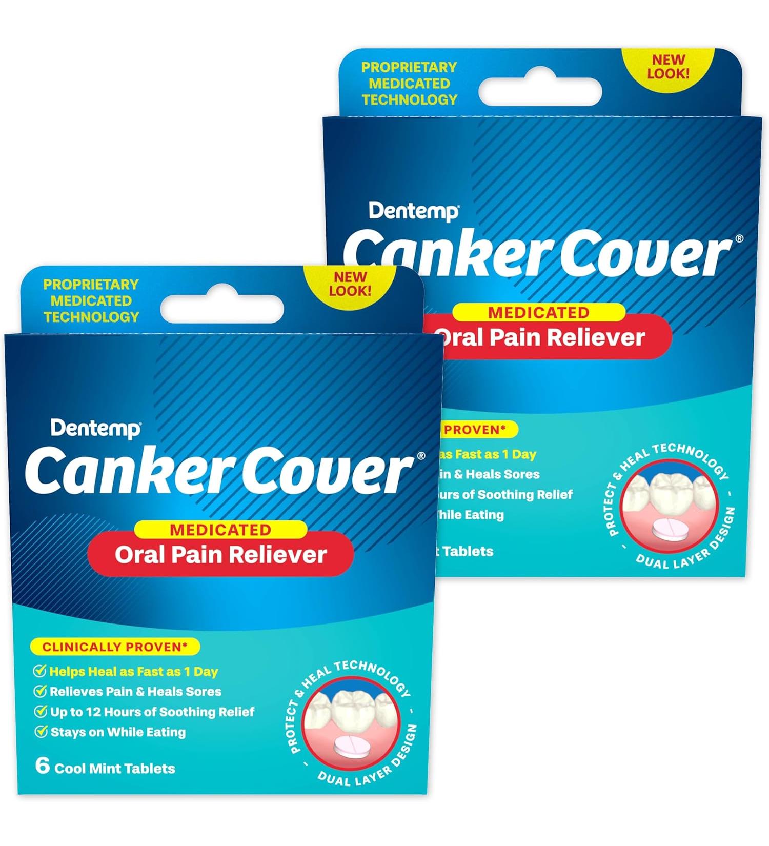 Dentemp Canker Sore Medicine 2pk Canker Cover - Oral Pain Reliever (12 Count) - Treatment to Relieve Canker Pain, Mouth Sores & Mouth Irritation - Fast Acting Canker Sore Relief Tablets for Adults - Buy Online on GoSupps.com