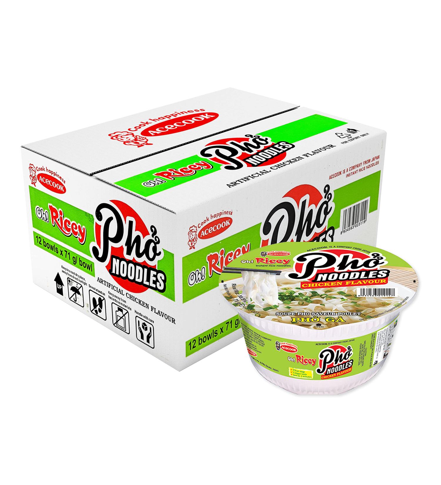 Acecook Oh! Ricey Instant Rice Noodle - Pho Noodles Chicken Flavour 71g (12 Bowls)