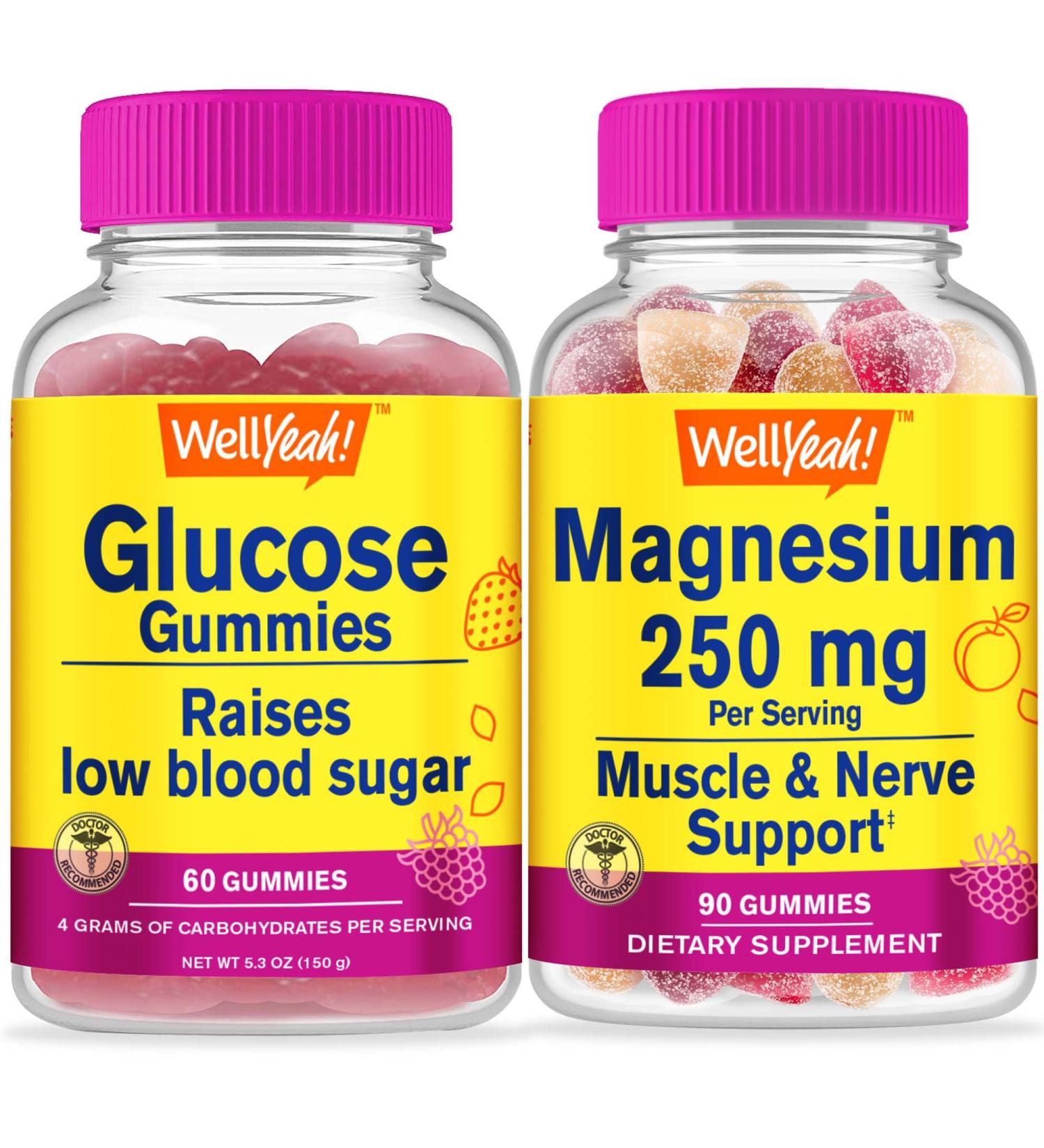 Glucose + Magnesium Gummies Bundle - 250mg for Low Blood Sugar Support - Vegan, Gluten Free, Non-GMO - Natural Flavors - 60 Gummies - Buy Online on GoSupps.com
