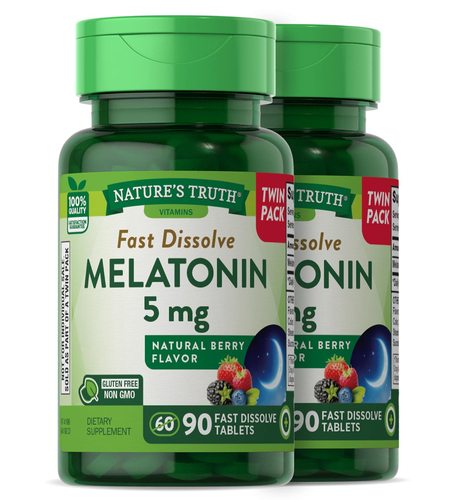 Nature's Truth Melatonin 5 mg | 180 Fast Dissolve Tablets (2 X 90 Twin Pack) | Natural Berry Flavor | Vegetarian Non-GMO Gluten Free Supplement 180 Count (Pack of 1) - Buy Online on GoSupps.com