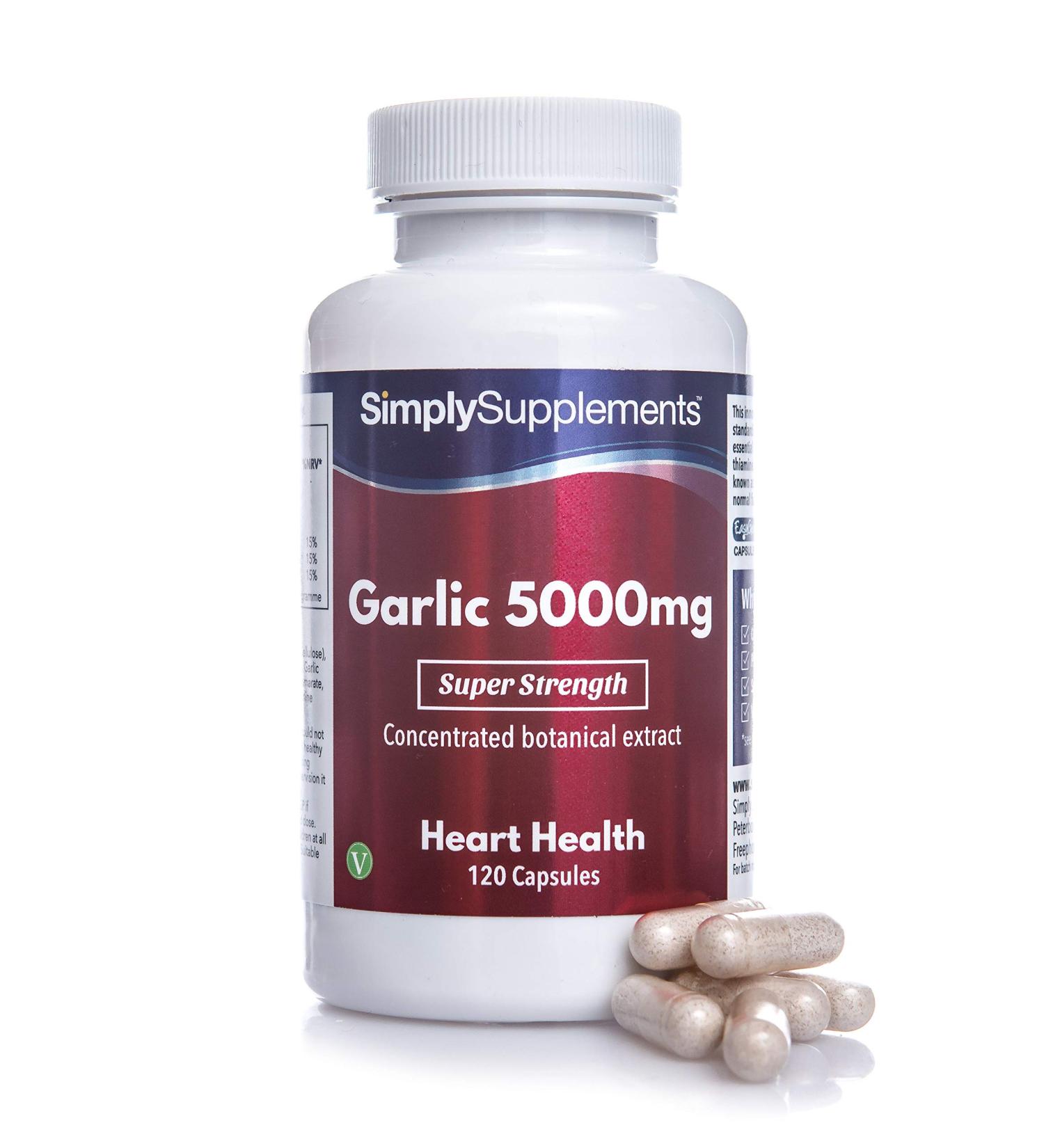 Garlic Capsules 5000mg - 120 Vegan Capsules | High Strength Odourless Supplement for Heart Health | UK Made - Buy Online on GoSupps.com