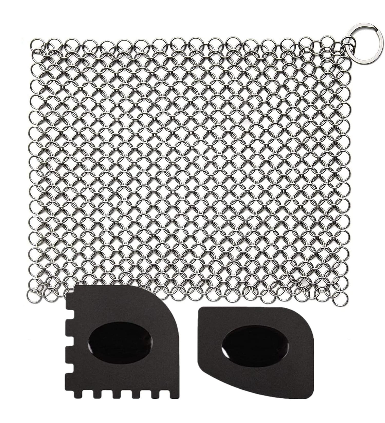 CHANSHIN Cast Iron Cleaner with Pan Scrapers Stainless Steel Scourer 7x7 Inch Chainmail Scrubber for All Types of Skillet Griddles Durable Plastic Pan Grill Scrapers - Buy Online on GoSupps.com