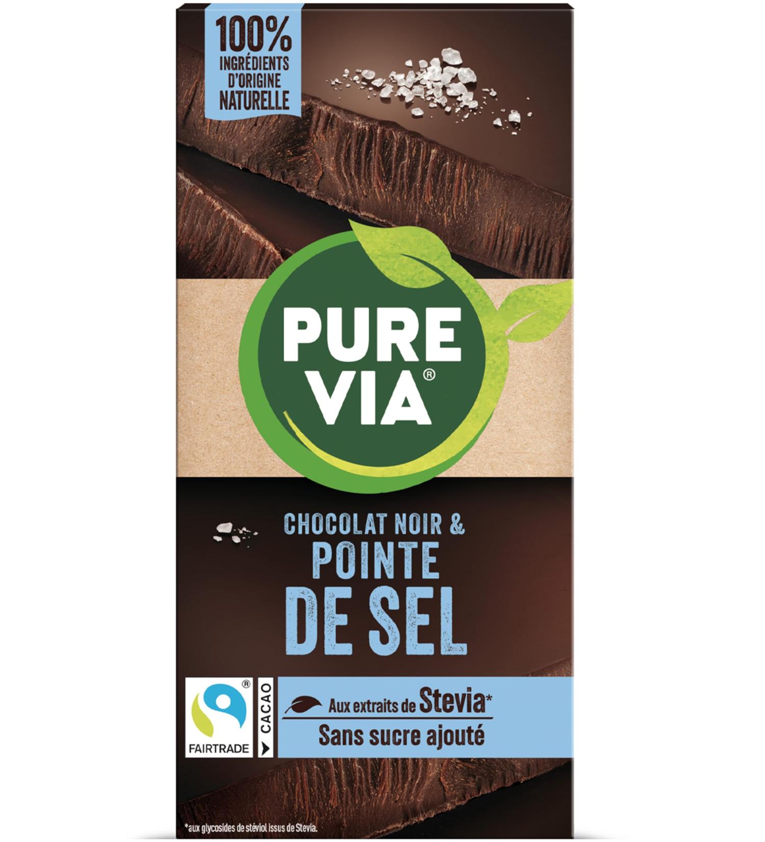 Pure Via Tablette Chocolat Noir & Pointe de Sel la stevia sans sucre ajout quitable 100g - Buy Online on GoSupps.com
