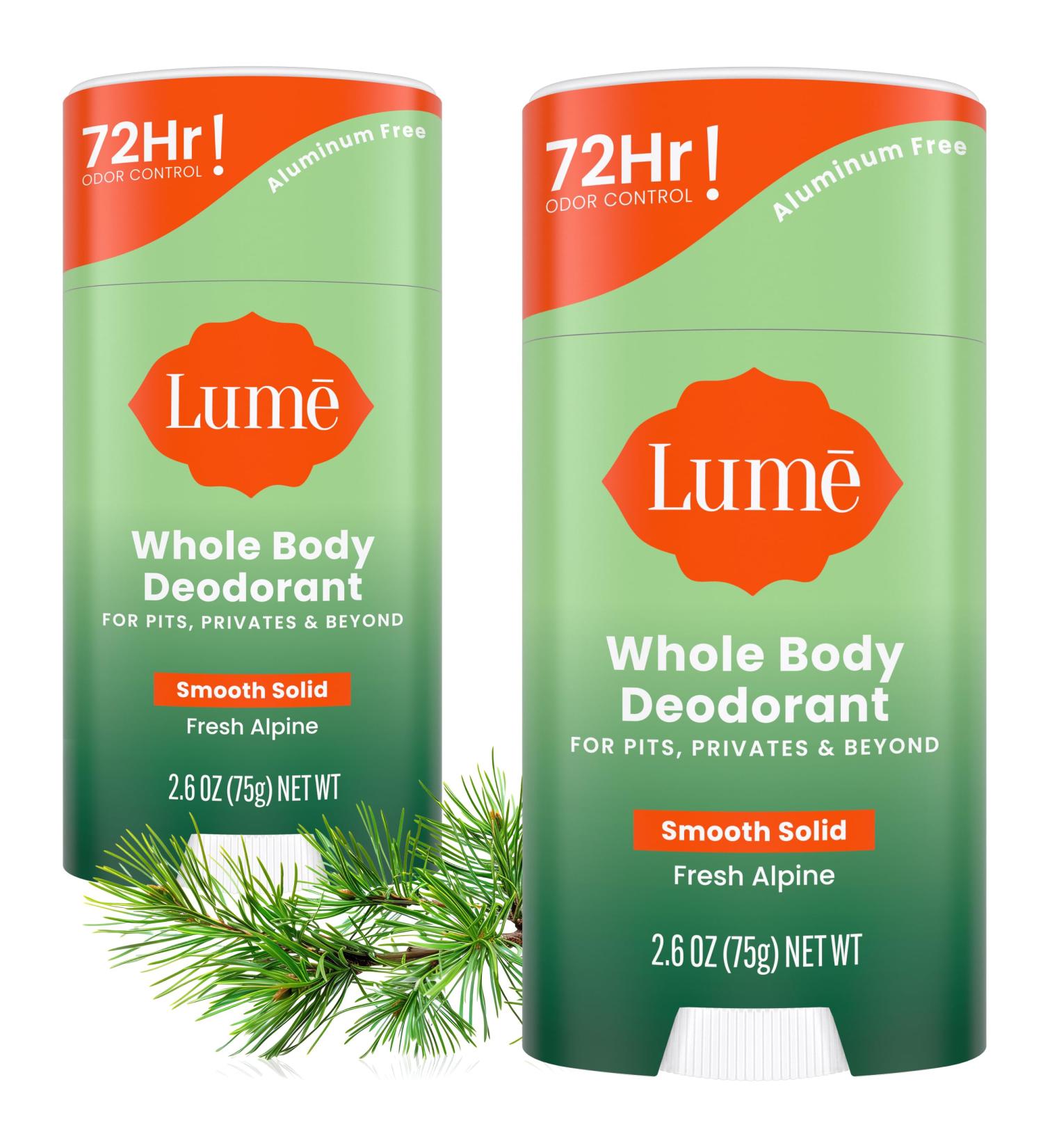 Lume Whole Body Deodorant - Smooth Solid Stick - 72 Hour Odor Control - Aluminum Free Baking Soda Free and Skin Safe - 2.6 Ounce (Pack of 2) (Fresh Alpine) Fresh Alpine 2.6 Ounce (Pack of 2) - Buy Online on GoSupps.com