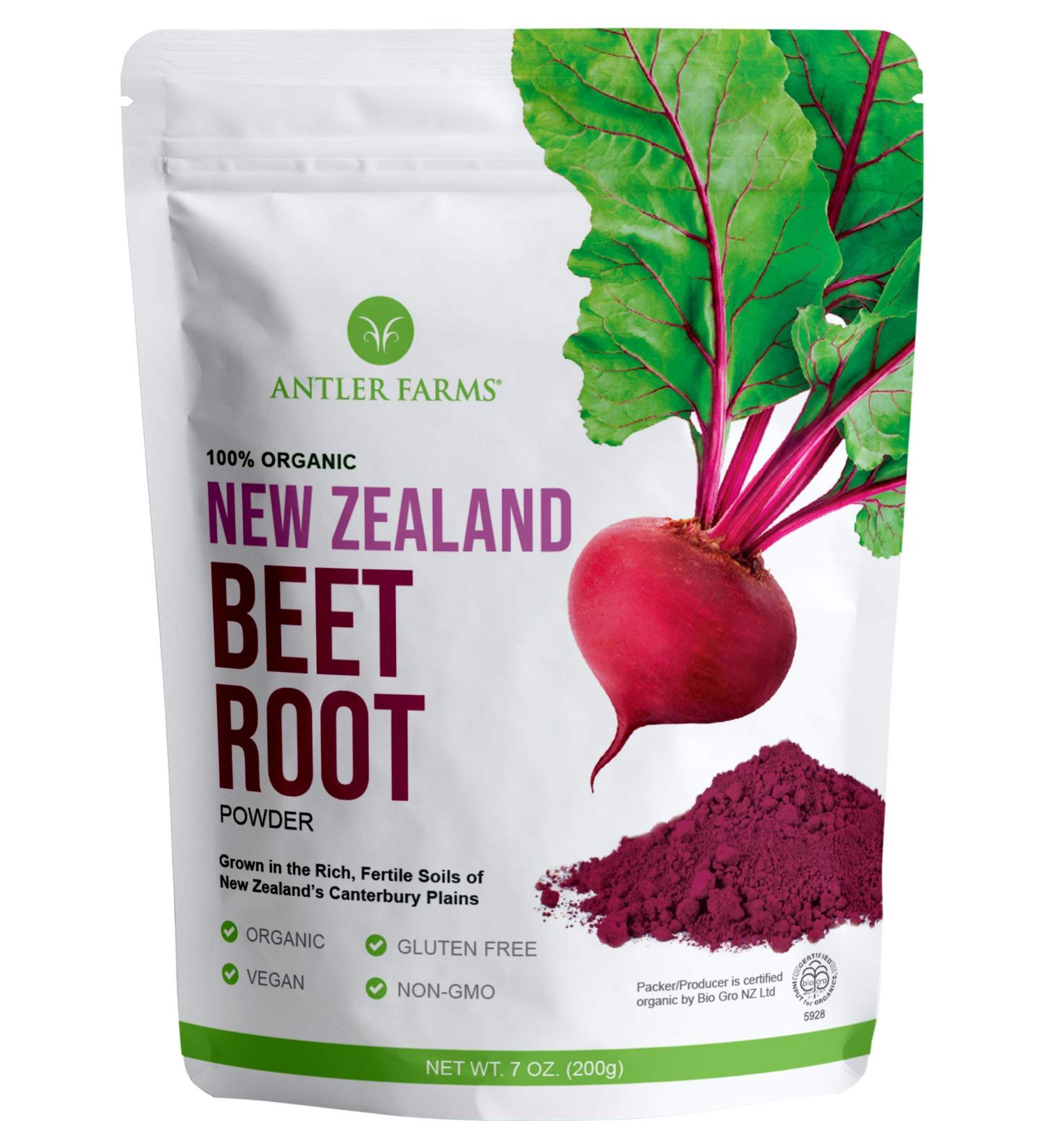 Antler Farms Organic New Zealand Beet Root Powder - 200g, 40 Servings | Raw, Vegan, Gluten Free | Natural Nitric Oxide Booster for Energy - Buy Online on GoSupps.com