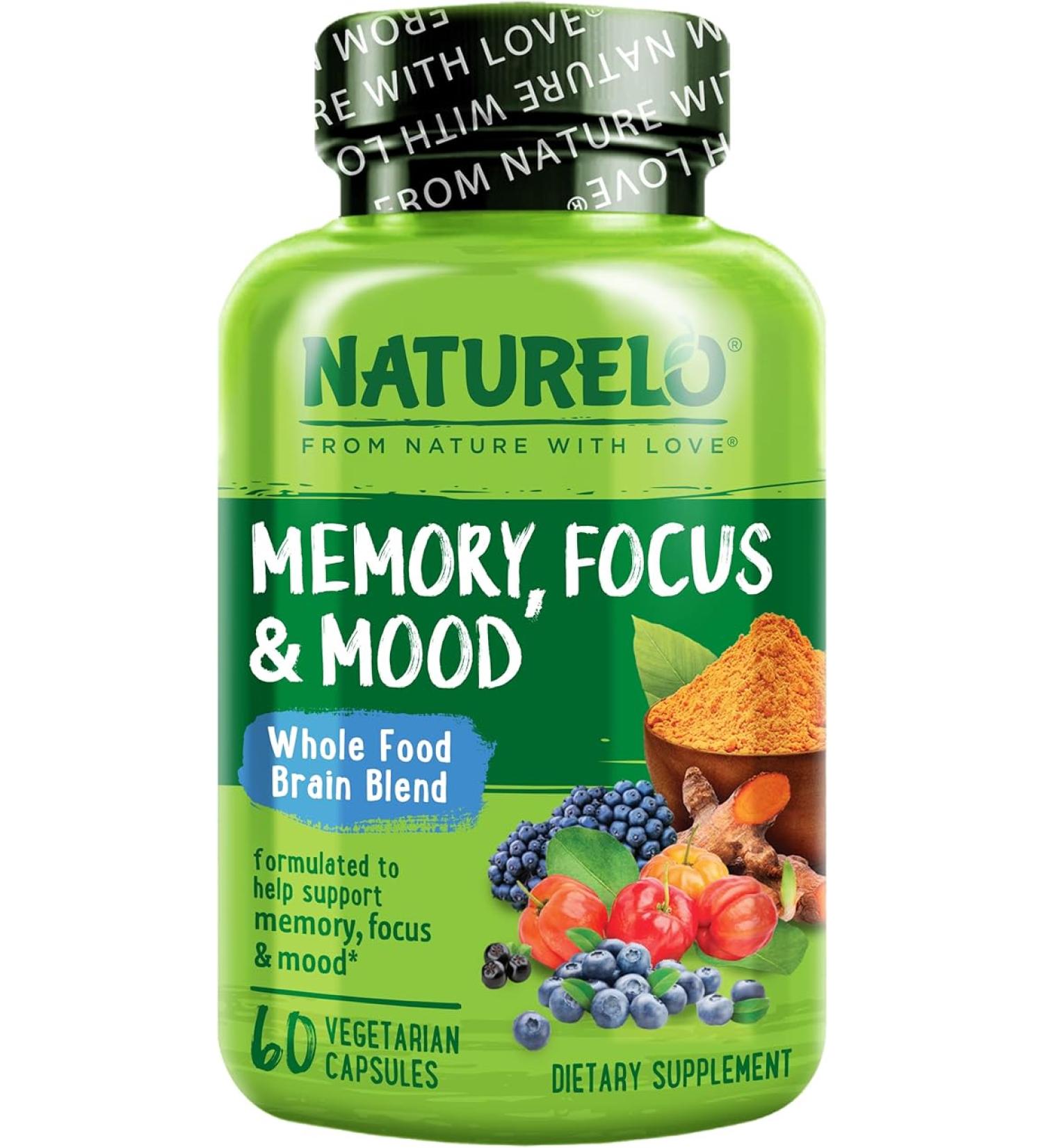 NATURELO Whole Food Brain Blend Supplement Helps Support Memory Focus and Mood - 60 Vegetarian Capsules - Buy Online on GoSupps.com