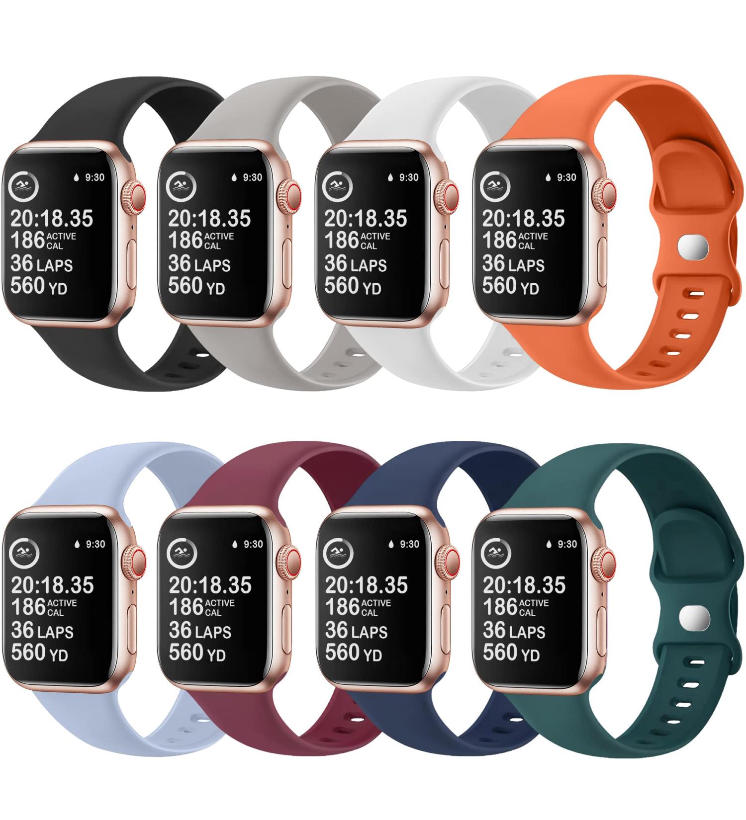 8 Pack Silicone Apple Watch Bands - Waterproof Sport Straps for iWatch Series 8 7 6 5 4 3 2 1 SE - Men Women Replacement Wristbands - Dark Gray/BlackWhite/Orange/Sky Blue/Wine Red - Buy Online on GoSupps.com