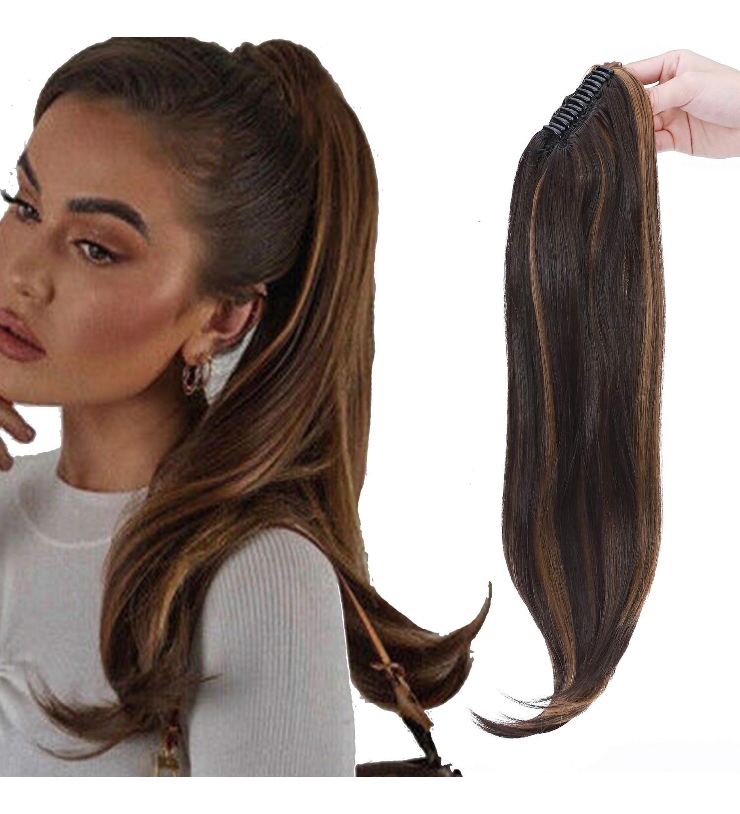 Claw Ponytail Hair Extension Cute Clip In On Ponytail With Claw Jaw Hairpiece Straight to Small Wave Wavy Tail Synthetic Heat Resistant Hair for Daily Use 22inch Ombre Dark Brown mix Sandy Blonde - Buy Online on GoSupps.com