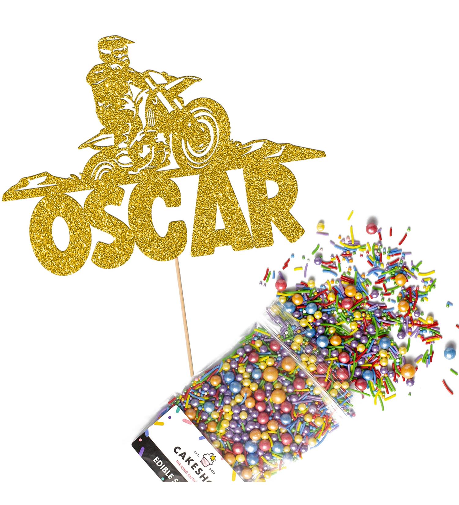 Cakeshop Cake Decoration Pack | Motorcross Dirtbike Theme Premium Double Sided Glitter Card Cake Topper & 25g Party Pack of Cake Sugar Sprinkles | Custom Name Cake Decorations (Gold) Prime Glitter Card: Gold - Buy Online on GoSupps.com