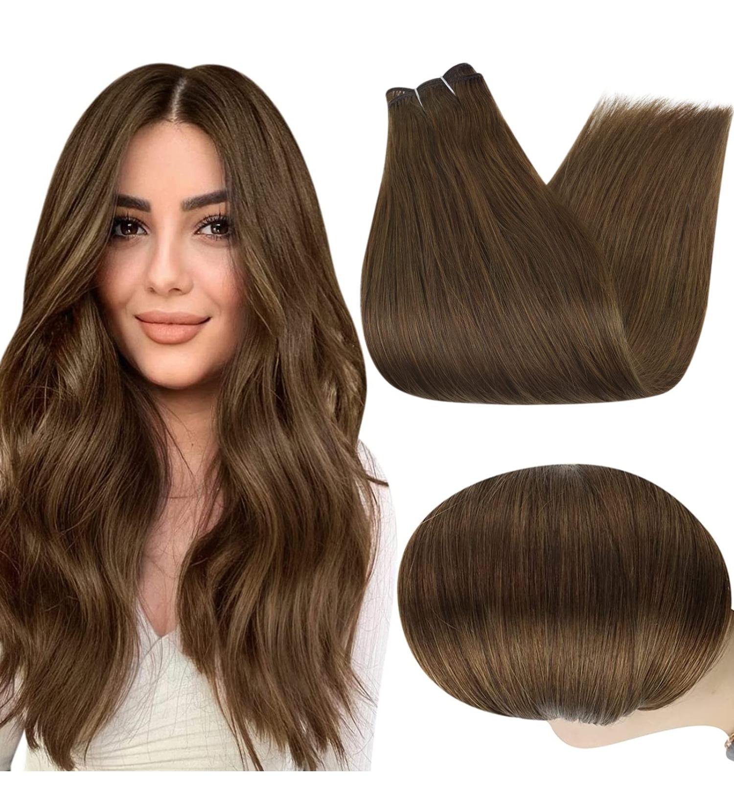 Full Shine 22 Inch Chestnut Brown Sew in Weft Human Hair Extensions 100g Double Weft Remy Hair Bundles Color 6