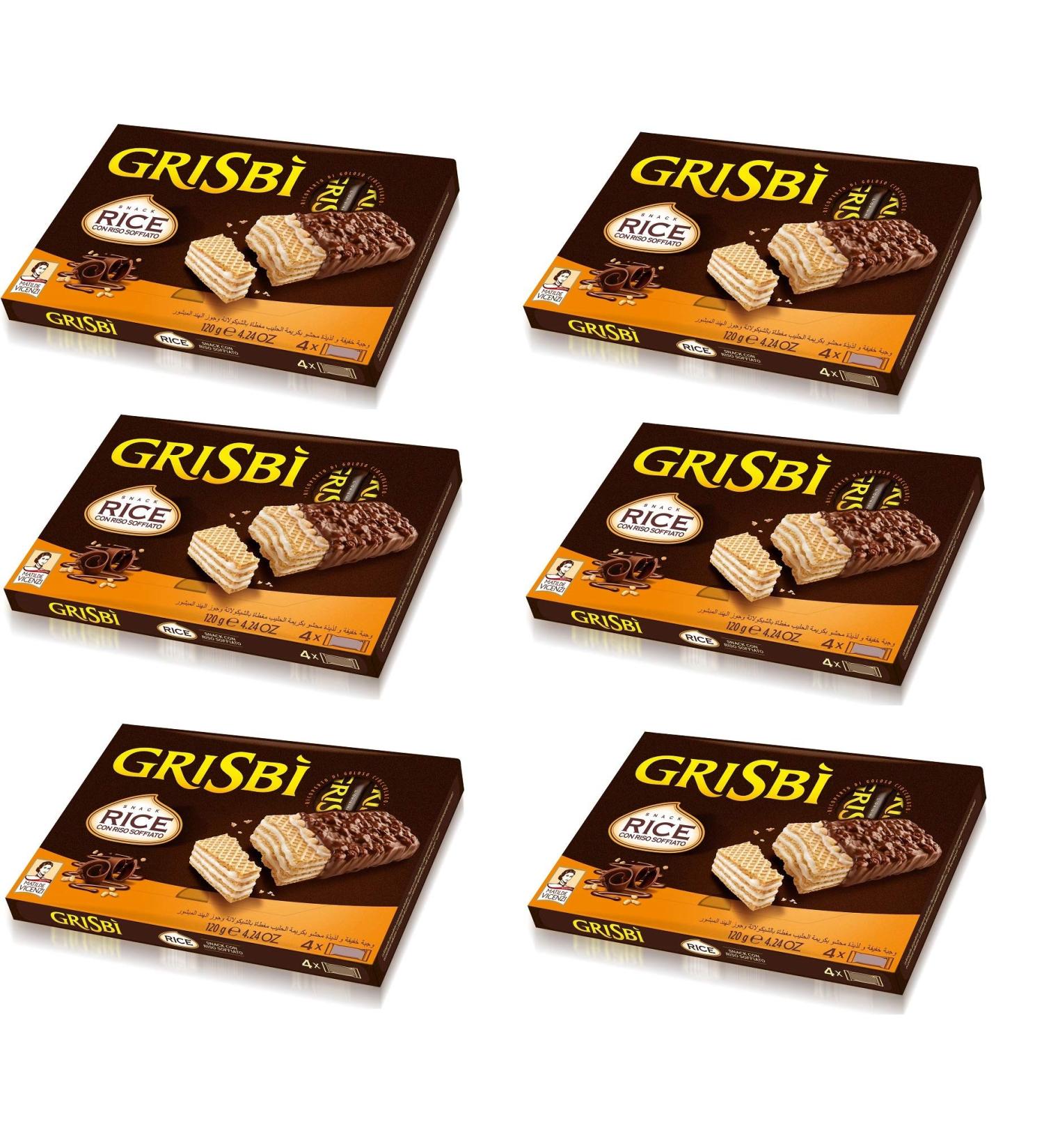 Grisbi Matilde Vicenzi Grisbi Snack Rice con Riso Soffiato Set of 6 Waffle Biscuits Covered in Milk Cream with Chocolate and Puffed Rice (4 x 30 g)