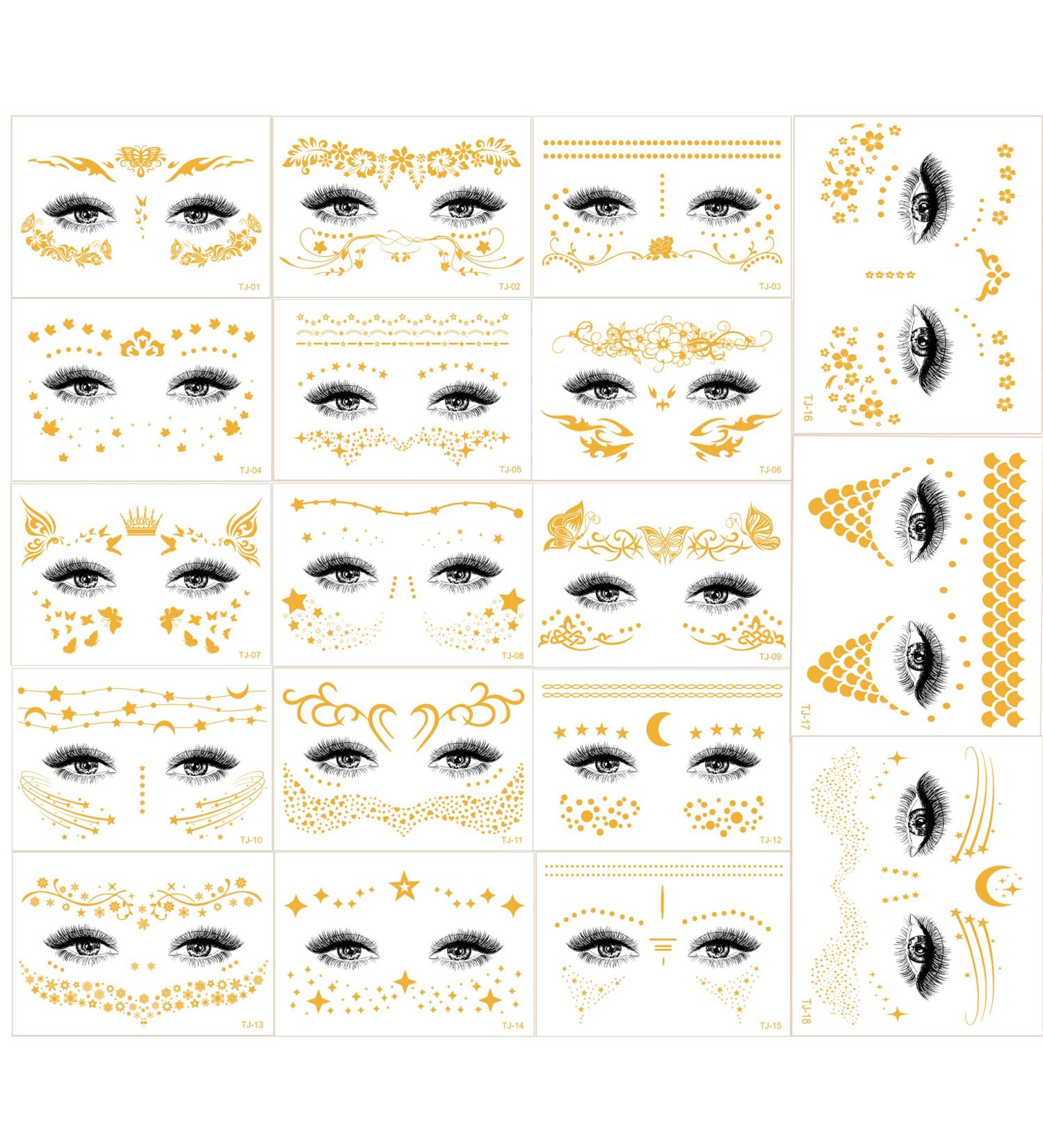 Shiny Gold Face Tattoos for Women, Girls, and Kids - Glittery Halloween Stickers for Parties and Costumes - Buy Online on GoSupps.com