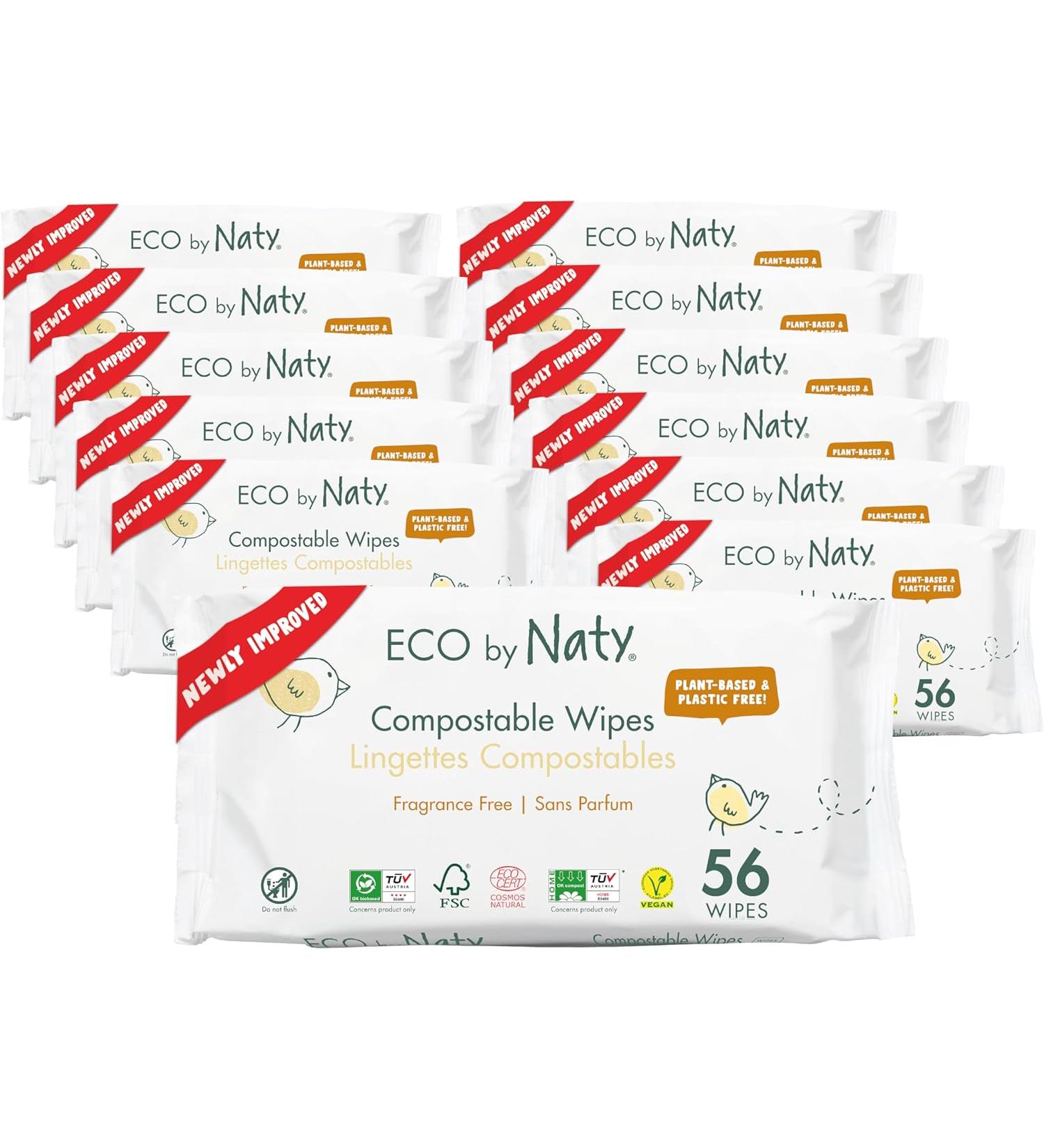 Eco by Naty Plastic-Free Baby Wet Wipes - 100% Compostable Herbal Towels for Newborns & Sensitive Skin | 12 Pack (672 Wipes) - Buy Online on GoSupps.com