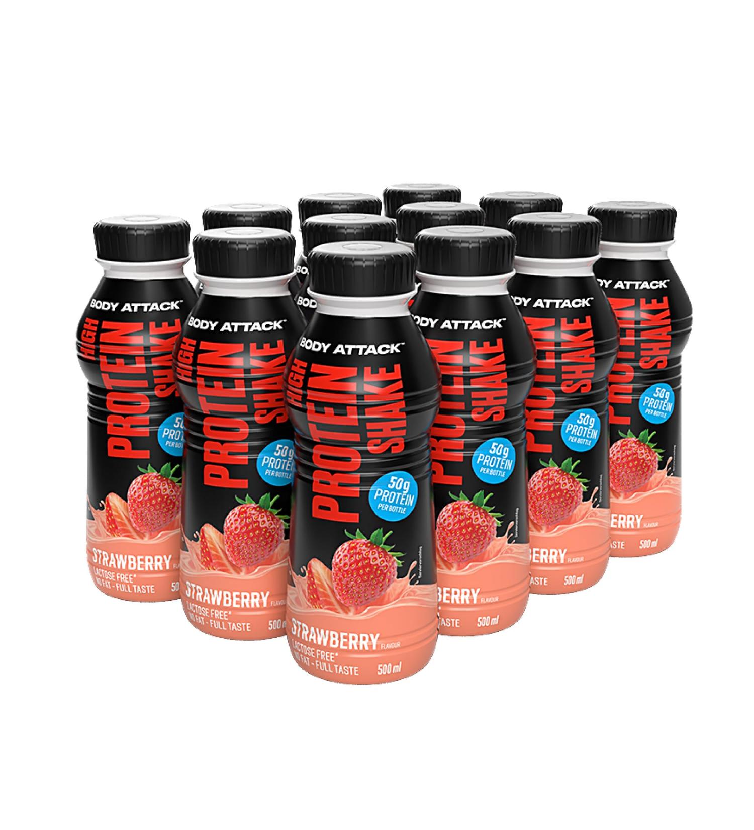 Body Attack High Protein Shake - Strawberry - 12 x 500ml - 50g Protein per Bottle - Ready-to-Drink Muscle Building - Made in Germany - Buy Online on GoSupps.com