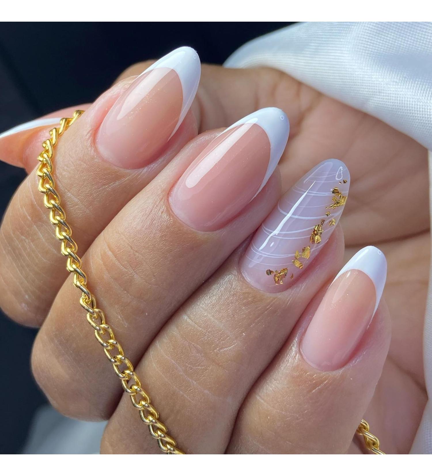 Shop Mrcuvaryas Almond Press on Nails - White Glossy French Short Fake Nails | 24 Sheer Artificial Fingernails for Women - Buy Online on GoSupps.com