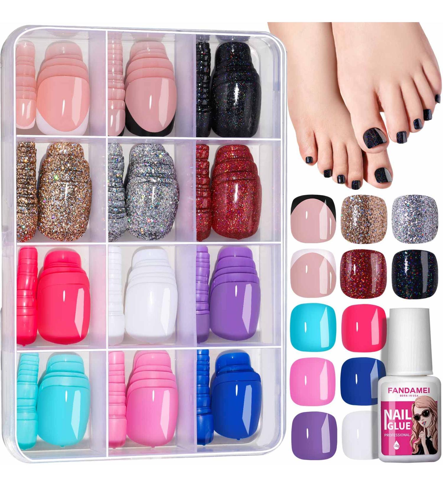 FANDAMEI 12 Colors 288PCS Press on Toe Nails Set - Short Square, Glitter & Glossy False Toenails | French Tip for Summer Nail Art - Buy Online on GoSupps.com