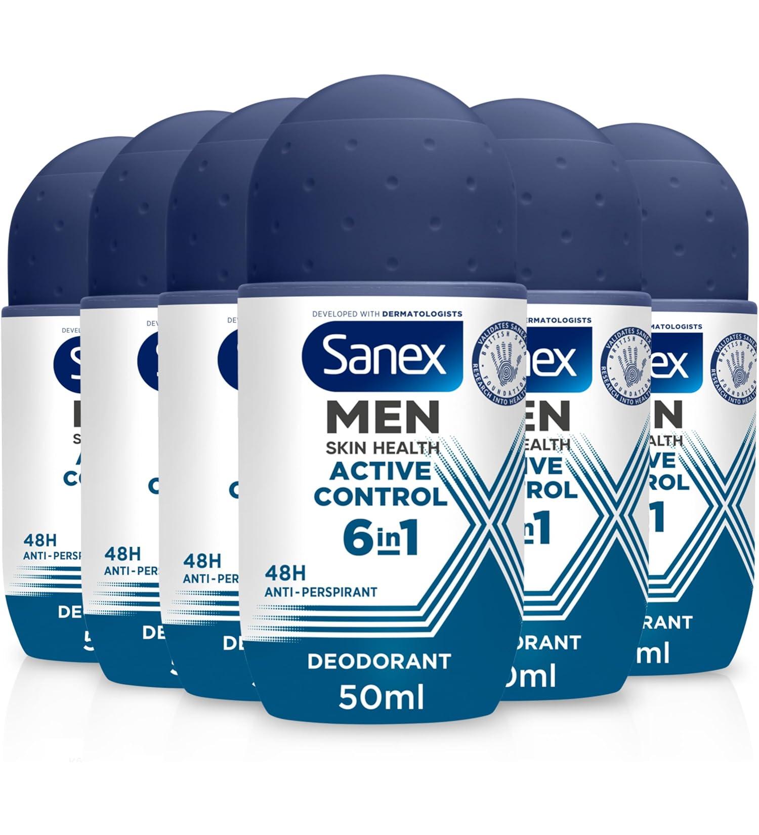 Sanex Men Active Control Antiperspirant Roll On Deodorant for Men with 48 Hour Odour Capture 0% Alcohol* Dermatologically Tested for All Skin Types Multipack 6 Pack 50ml Men 50 ml (Pack of 6) - Buy Online on GoSupps.com