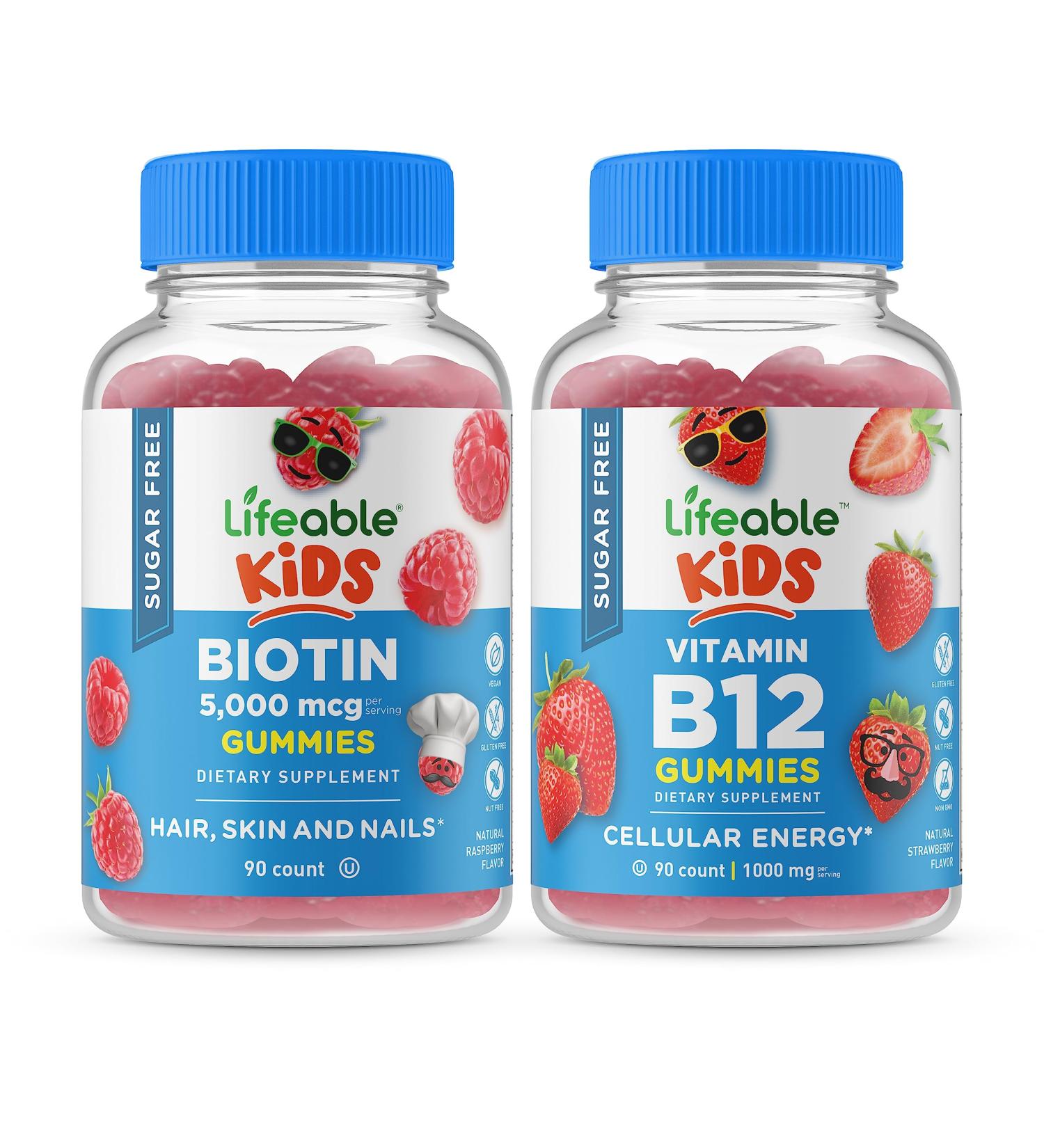 Lifeable Sugar Free Biotin Kids + Vitamin B12 Kids Gummies Bundle - Great Tasting Vitamin Supplement Gluten Free GMO Free Chewable Gummy - Buy Online on GoSupps.com