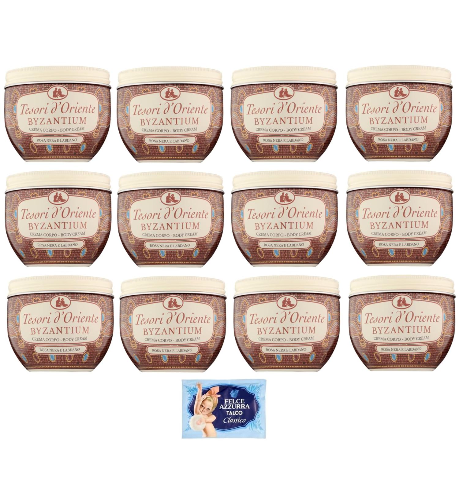 Tesori d'Oriente Crema Corpo Byzantium Body Cream with Black Rose and Labdanum 300 ml + 1 x Felce Azzurra Talcum Powder 100 g Pack of 12 - Buy Online on GoSupps.com