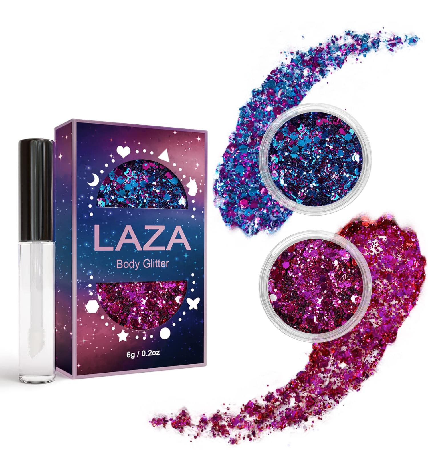 Laza Body Glitter - Holographic Chunky Sequins & Glitter Glue for Festival Makeup | Pink Violet Purple Red | 2 Jars for Women & Girls - Buy Online on GoSupps.com