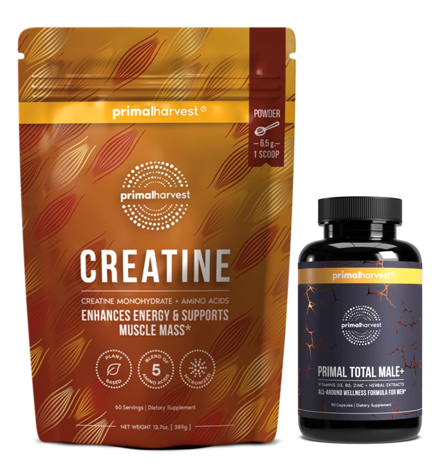 Primal Creatine Powder + Total Male+ Supplement Bundle | 2-Pack | Strength Energy & Vitality Support | 30 Servings Each - Buy Online on GoSupps.com