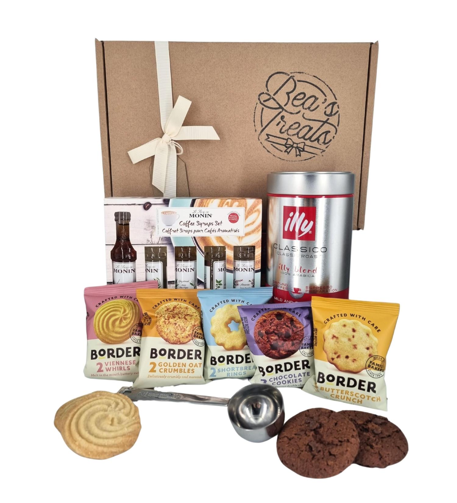 Ground Coffee and Syrup Hamper Bundle With illy Ground Coffee 250g Monin Coffee Syrup Gift Set Border Biscuits and Beas Treats 30ml Scoop - Buy Online on GoSupps.com