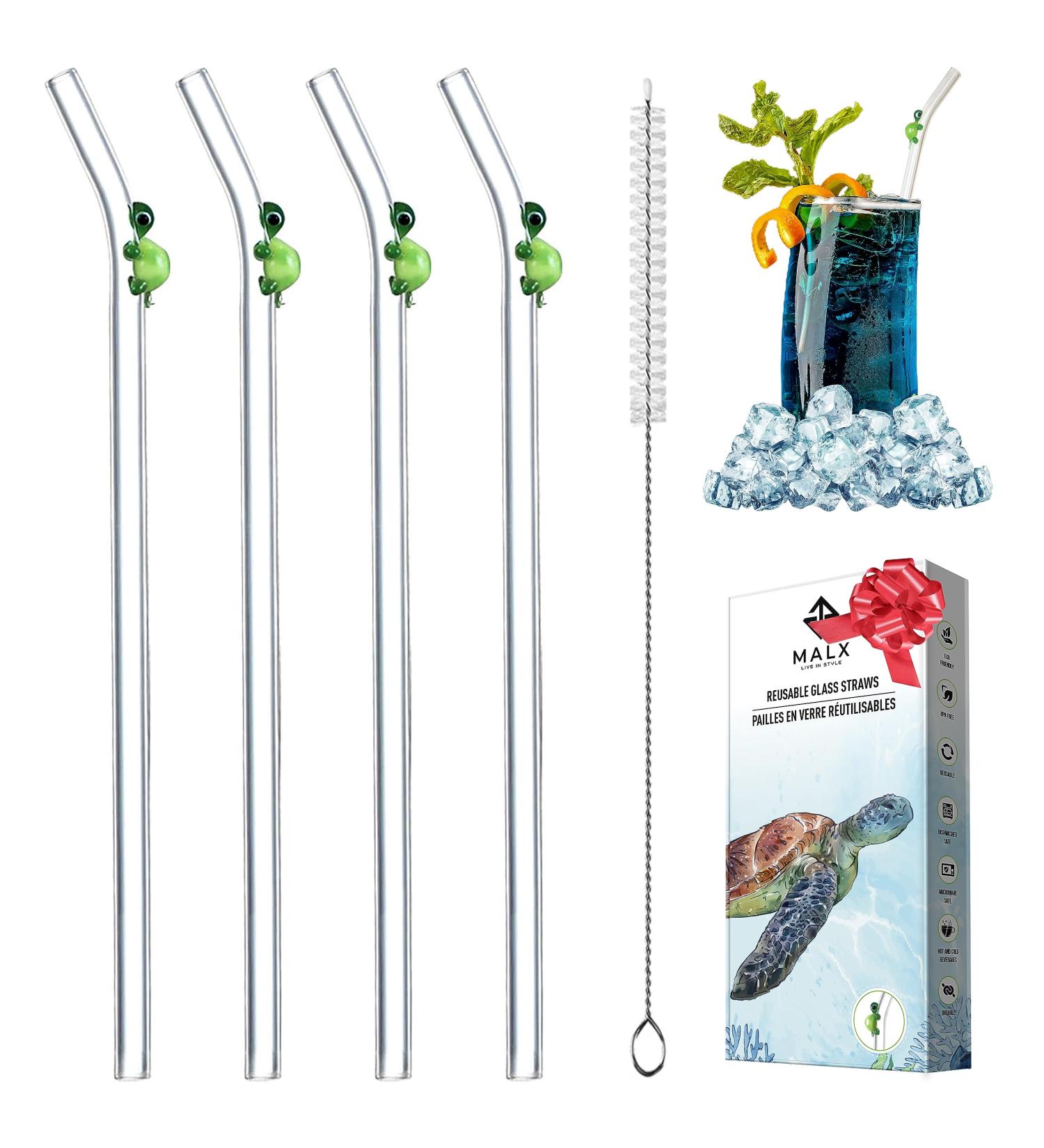 MALX 5-Pack 8.5" x 0.3" Turtle Glass Straws Set of 4 Handmade Transparent Long Straws and 1 Cleaning Brush. Suitable for Cold and hot Drinks Aesthetic Cute Straws with Charm Coquette Straws - Buy Online on GoSupps.com