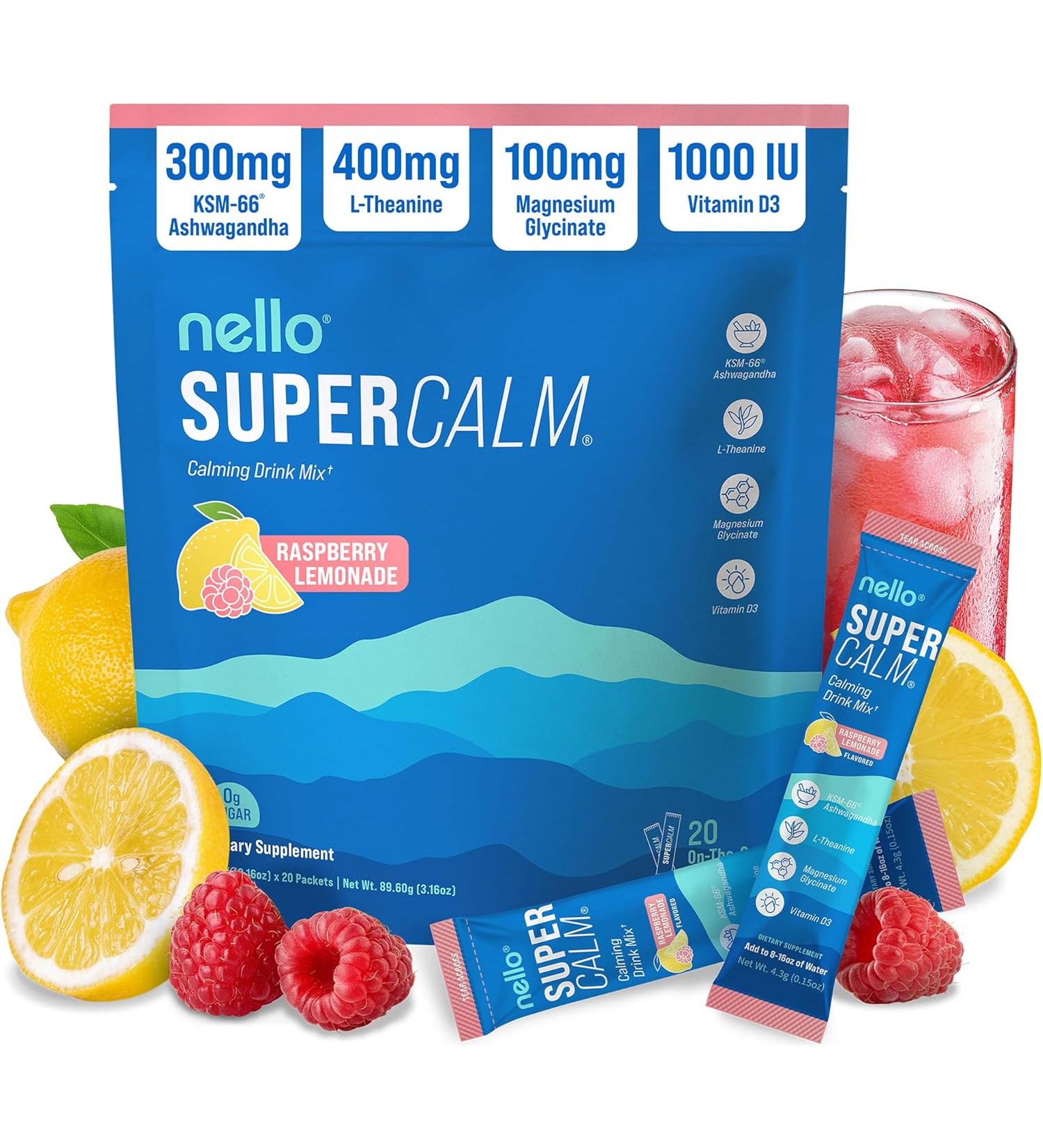 Nello Supercalm - Drink Mix | Contains KSM-66 Ashwagandha L-Theanine Magnesium Glycinate and Vitamin D3 20 Servings (Travel Packets) 20.0 Servings (Pack of 1) - Buy Online on GoSupps.com