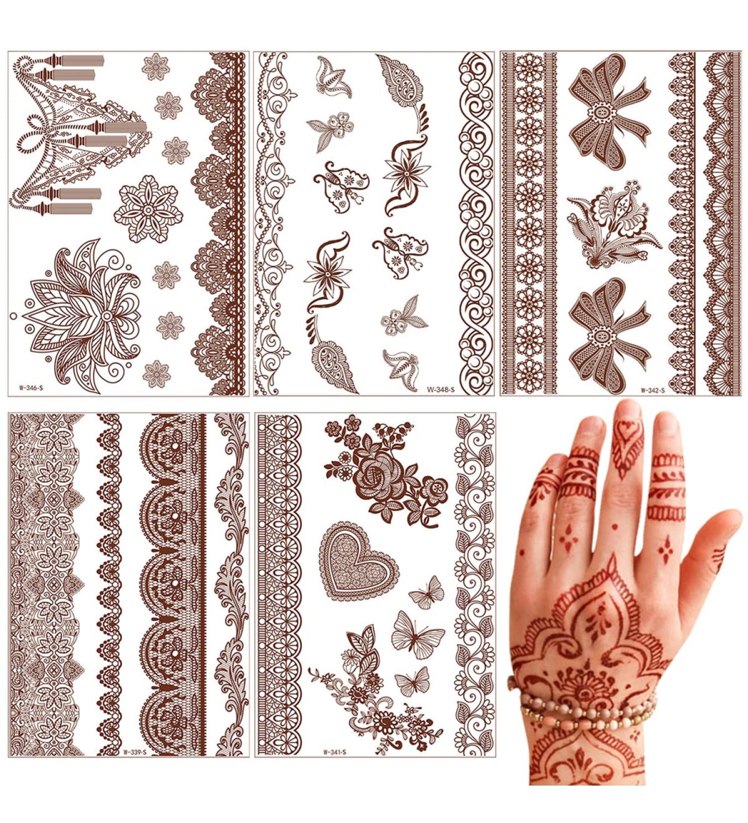 Brown Henna Temporary Tattoo Stickers - Waterproof Lace Designs for Women - Festive Party Favors - 5 Sheets - Buy Online on GoSupps.com
