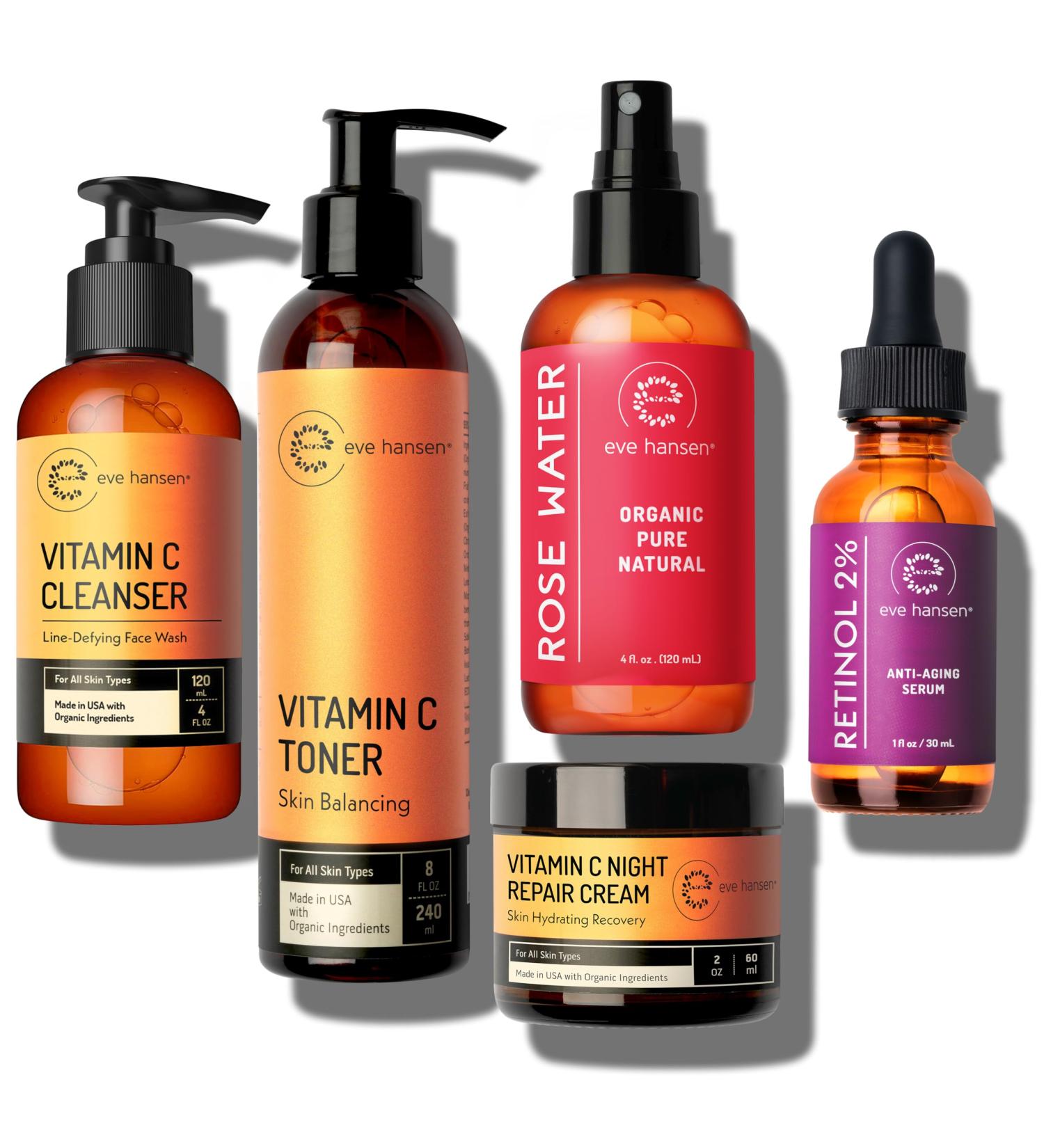 Eve Hansen Night Skincare Bundle Vitamin C Cleanser Vitamin C Toner Rose Water Retinol Serum & Night Repair Cream Hydrating & Nourishing Skincare for All Skin Types - Buy Online on GoSupps.com