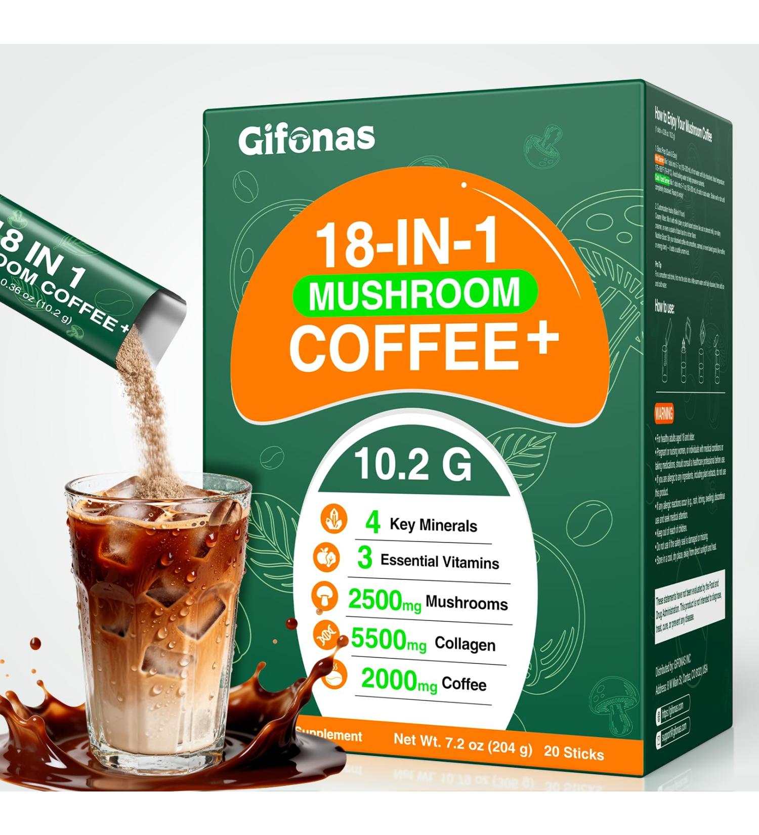 gifonas Mushroom Coffee with 6 Adaptogenic Mushrooms & Collagen Peptides Instant Organic Coffee with Lion s Mane & Reishi for Smooth Energy Support - Buy Online on GoSupps.com