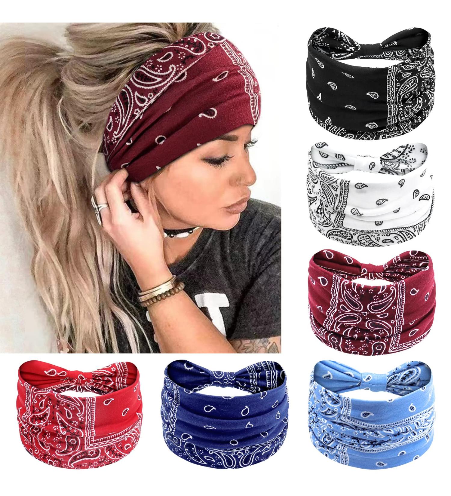 Wide Headbands for Women - Knotted No Slip Turban Hair Accessories | Pack of 6 Boho Solid Color & Multi-colored Head Wraps for Yoga & Workouts - Buy Online on GoSupps.com