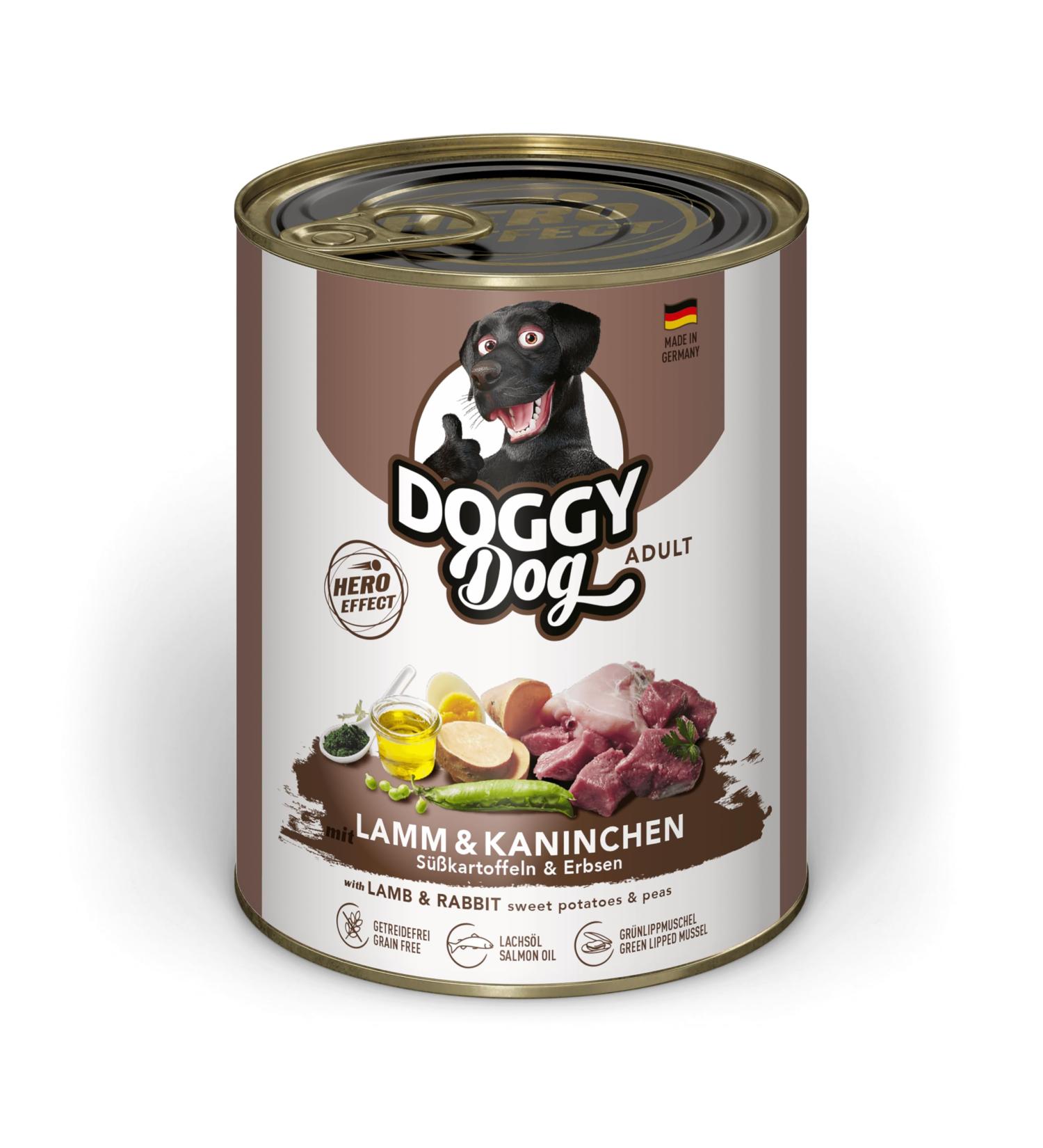 DOGGY Dog Pat Lamb & Rabbit 6 x 800 g Wet Dog Food Grain Free with Salmon Oil and Green-lipped Mussel Complete Food with Sweet Potato and Peas Made in Germany - Buy Online on GoSupps.com