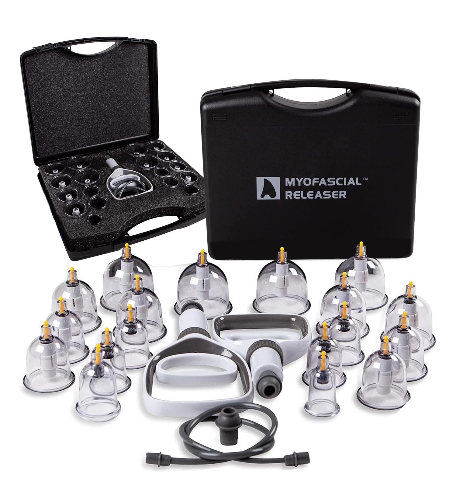 Myofascial Releaser Professional Cupping Therapy Set - 18 Multi-Sized Vacuum Cups with Hand Pumps and Cupping Book - Ideal for Massage Therapists - Buy Online on GoSupps.com