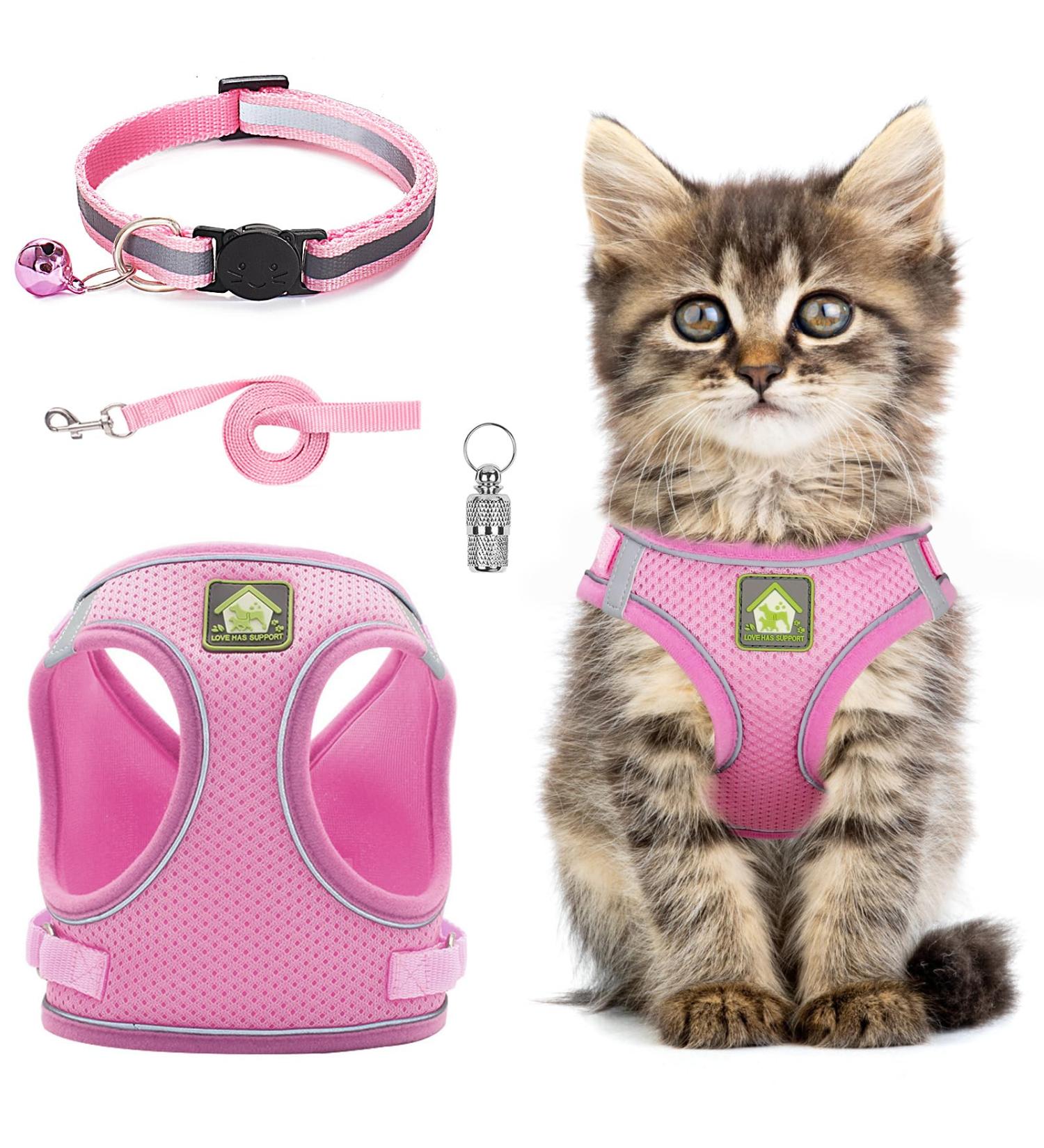 Adjustable Cat Dishes Set - Soft Lining Breathable Mesh & Leash - Pink for Cats Kittens Dogs & Puppies - Buy Online on GoSupps.com