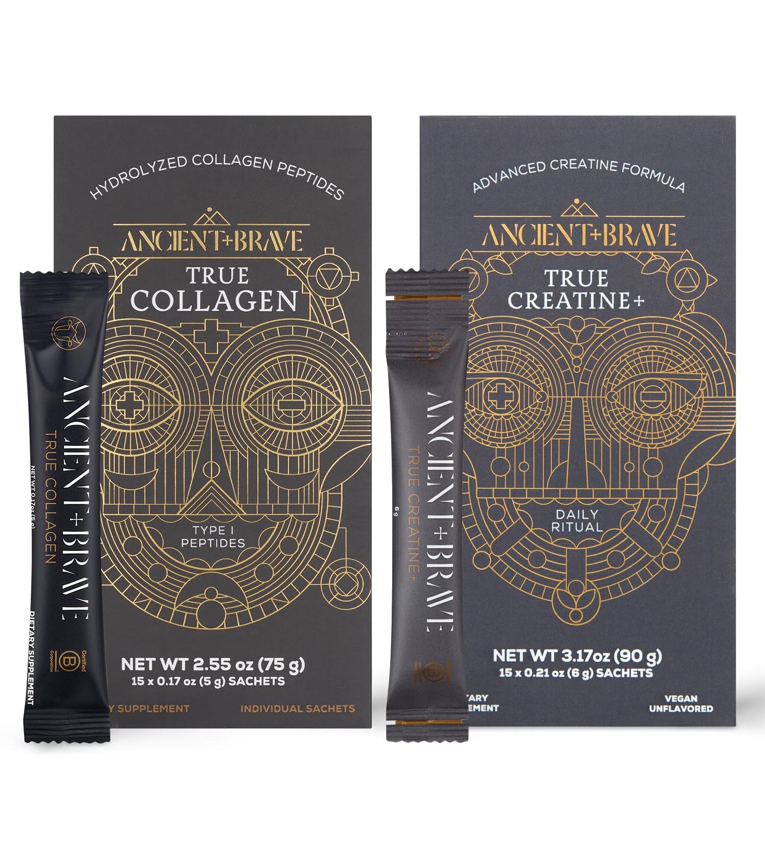 Ancient + Brave True Collagen & True Creatine Packets - Premium Collagen Peptides + Advanced Creatine Formula Sachets (15 of Each) - Supports Skin Hair Joints Strength & Recovery - 5g x 30 Count - Buy Online on GoSupps.com
