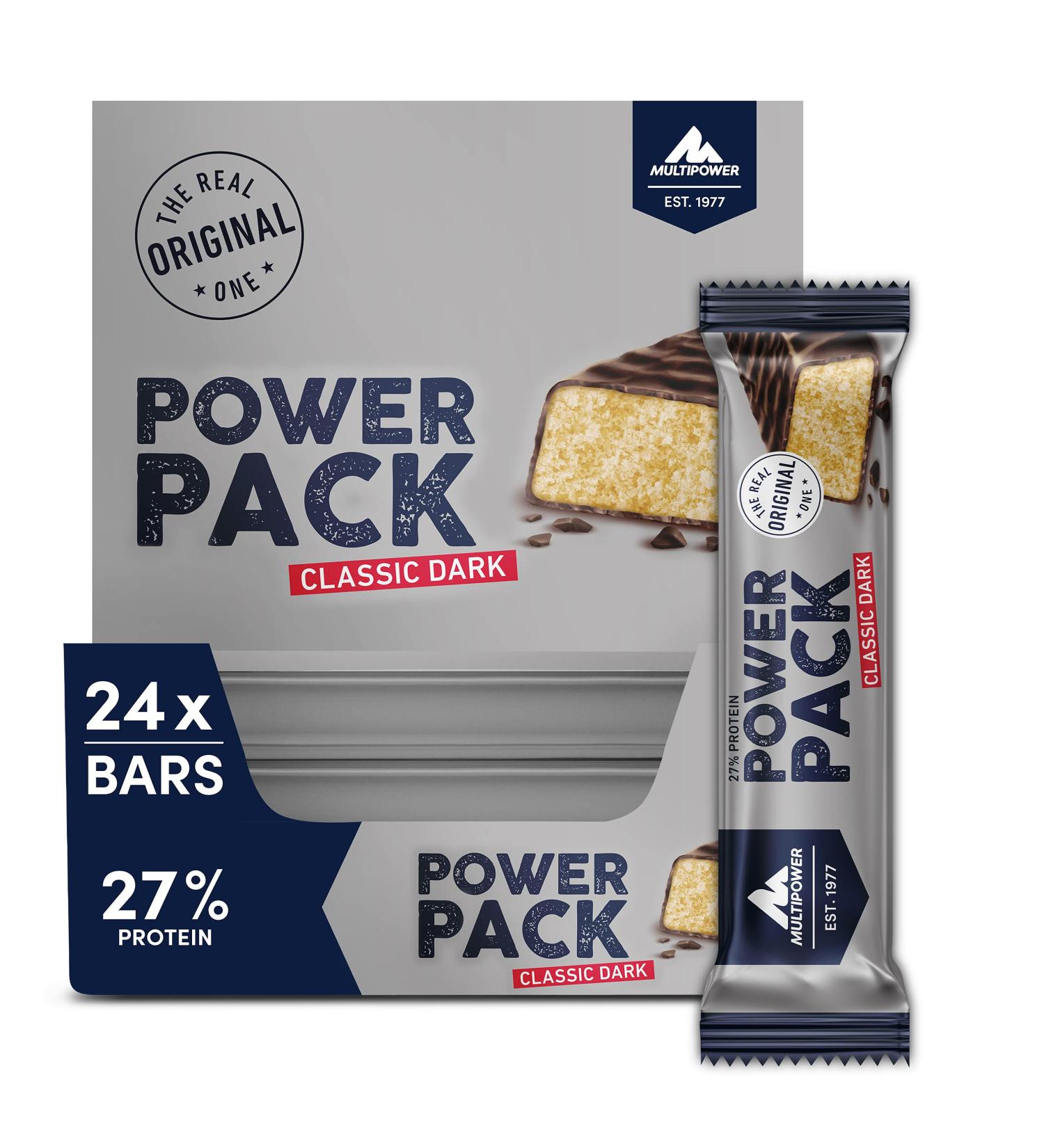 Multipower Pow Pack Classic Dark Protein Bar - 27% Protein Healthy Sports Snack with Banana Vanilla Flavor - 24 x 35g - Buy Online on GoSupps.com
