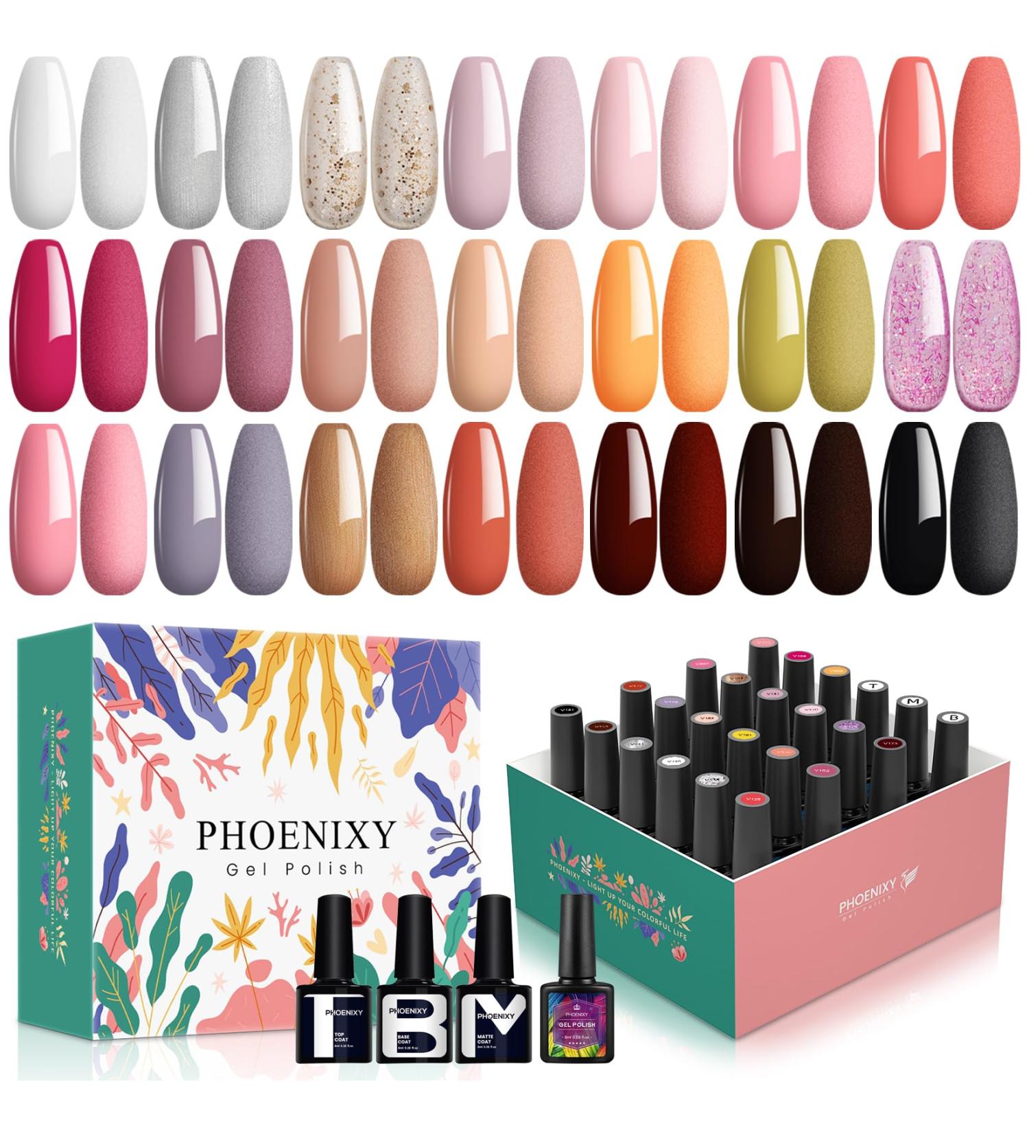 Phoenixy 24 Pcs Autumn Winter Gel Nail Polish Set - White Orange Pink Red Brown Glitter - Soak Off UV Gel with Base Top Coat - Christmas Manicure Gifts for Women - Peachy Pink - Buy Online on GoSupps.com