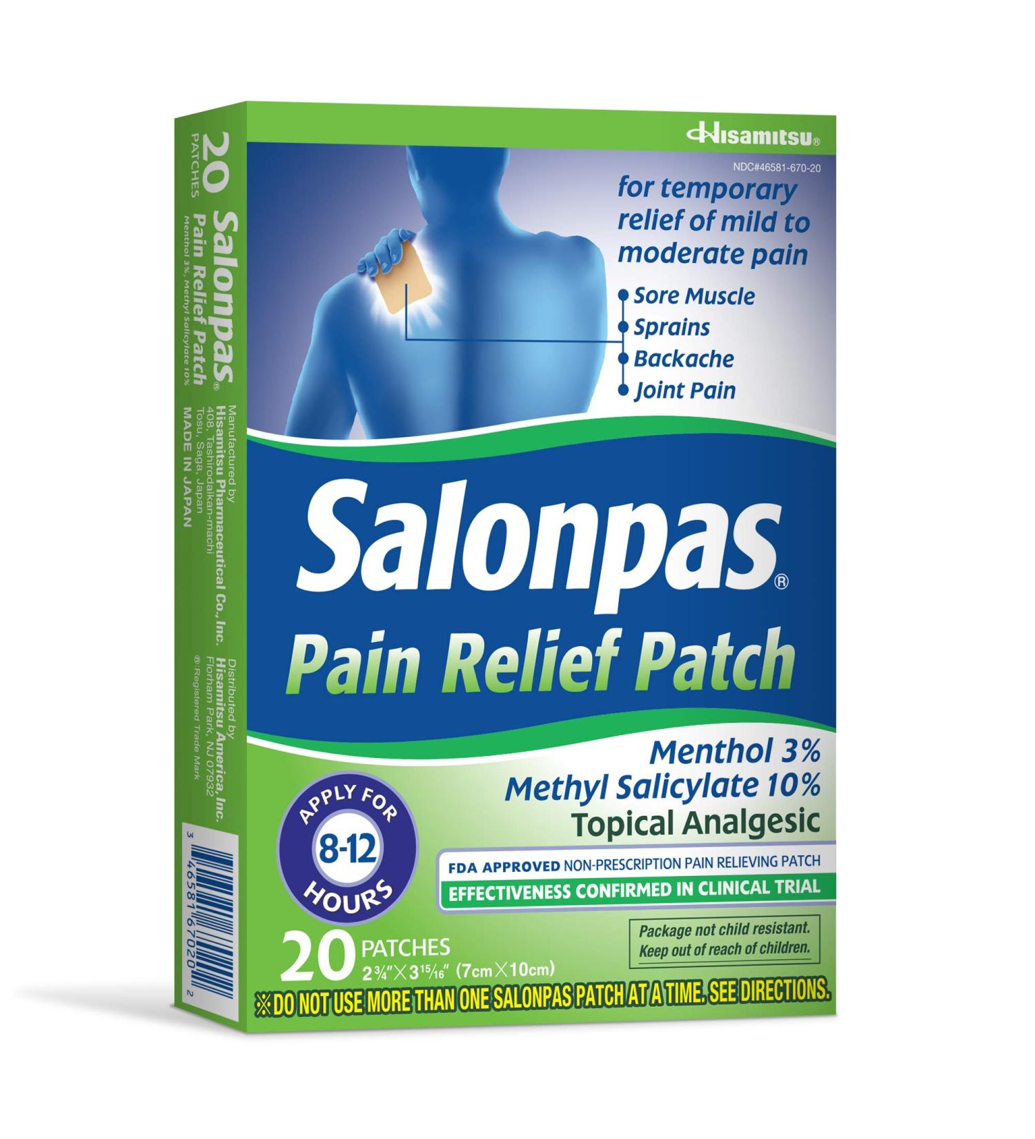 Salonpas Pain Relieving Patch 20 Count - 12 Hour Relief for Back, Neck, Shoulder, Knee Pain - Buy Online on GoSupps.com