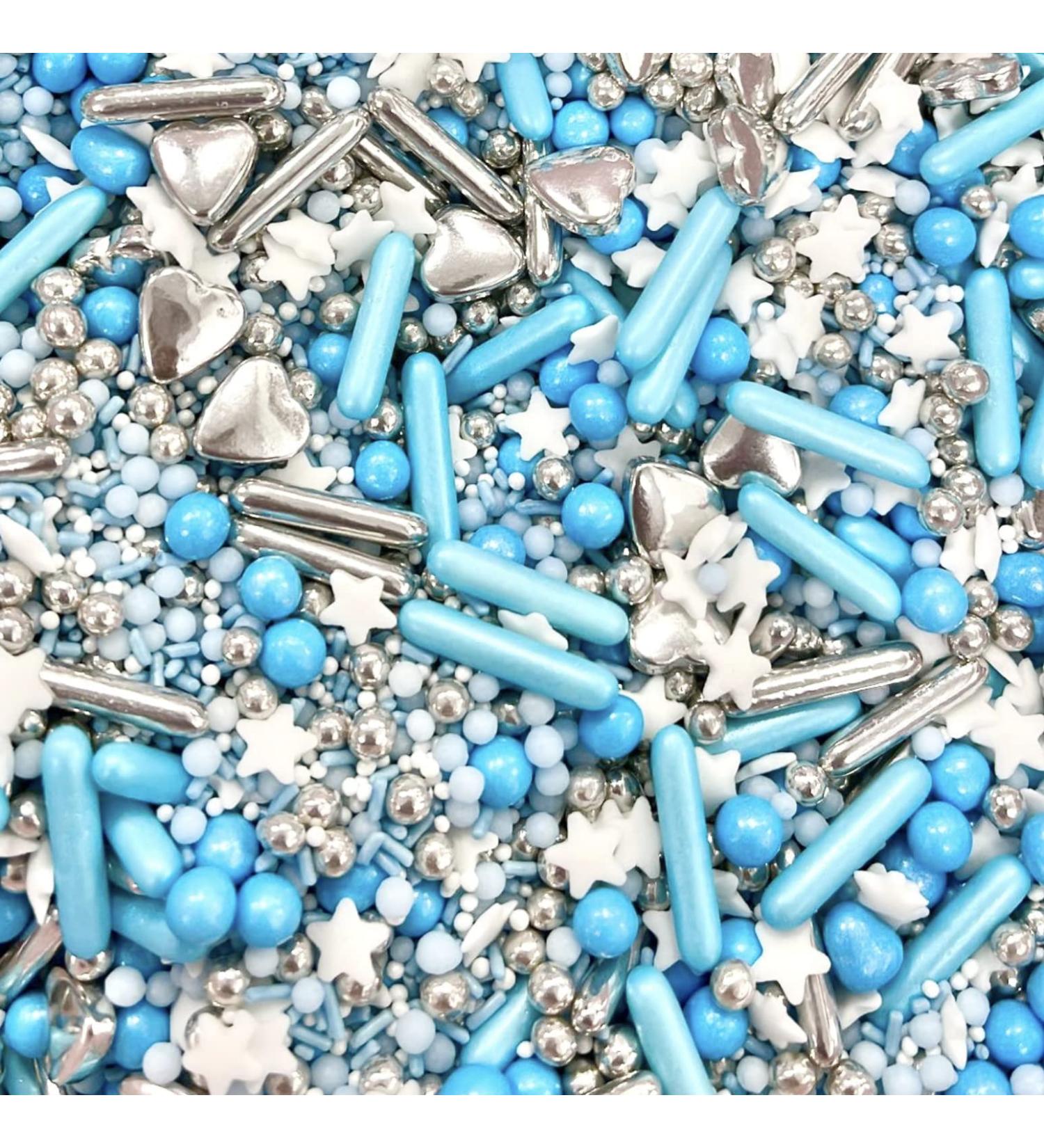 Blue silver white baby shower silver cute stars hearts Metallic Sprinkles for cupcake cookies cake toppers pearls balls 100s and 1000s decoration cake cupcake topper HE'S A CUTIE