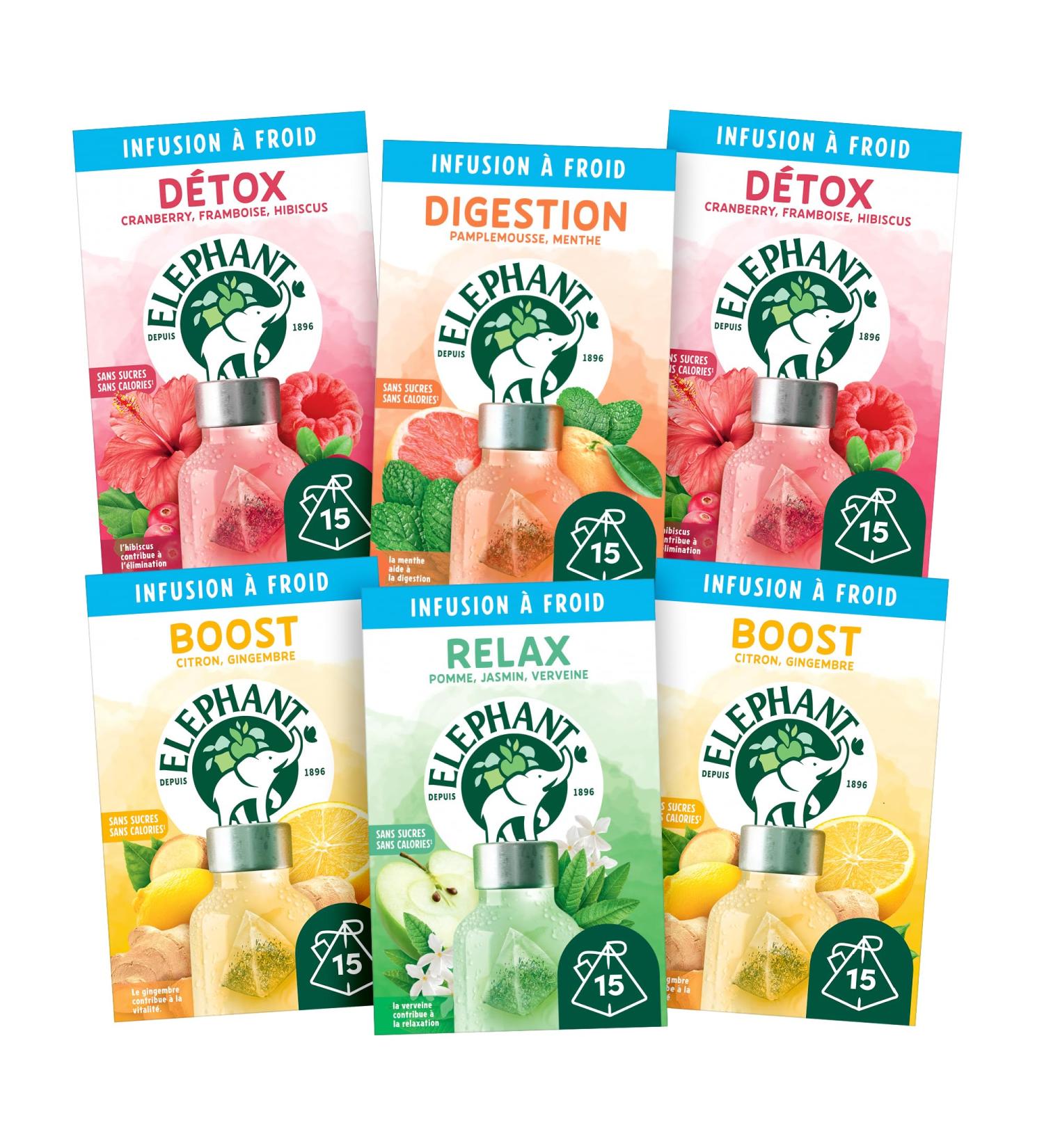Elephant Pack de 6 Infusions Froid Bien- tre : D tox Boost Relax Digestion Ingr dients d'Origine 100% Naturelle Boisson d'Et Rafraichissante Lot de 6x15 Sachets Pyramid - Buy Online on GoSupps.com