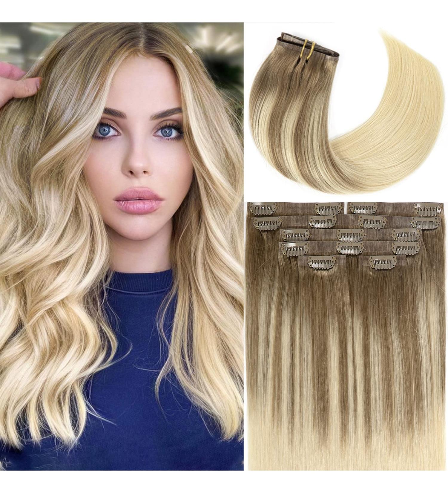 Lacer Ultra Thin Seamless Clip in Hair Extensions Light Brown to Platinum Blonde 14 Inch 100% Human Hair 7pcs 110g - Buy Online on GoSupps.com